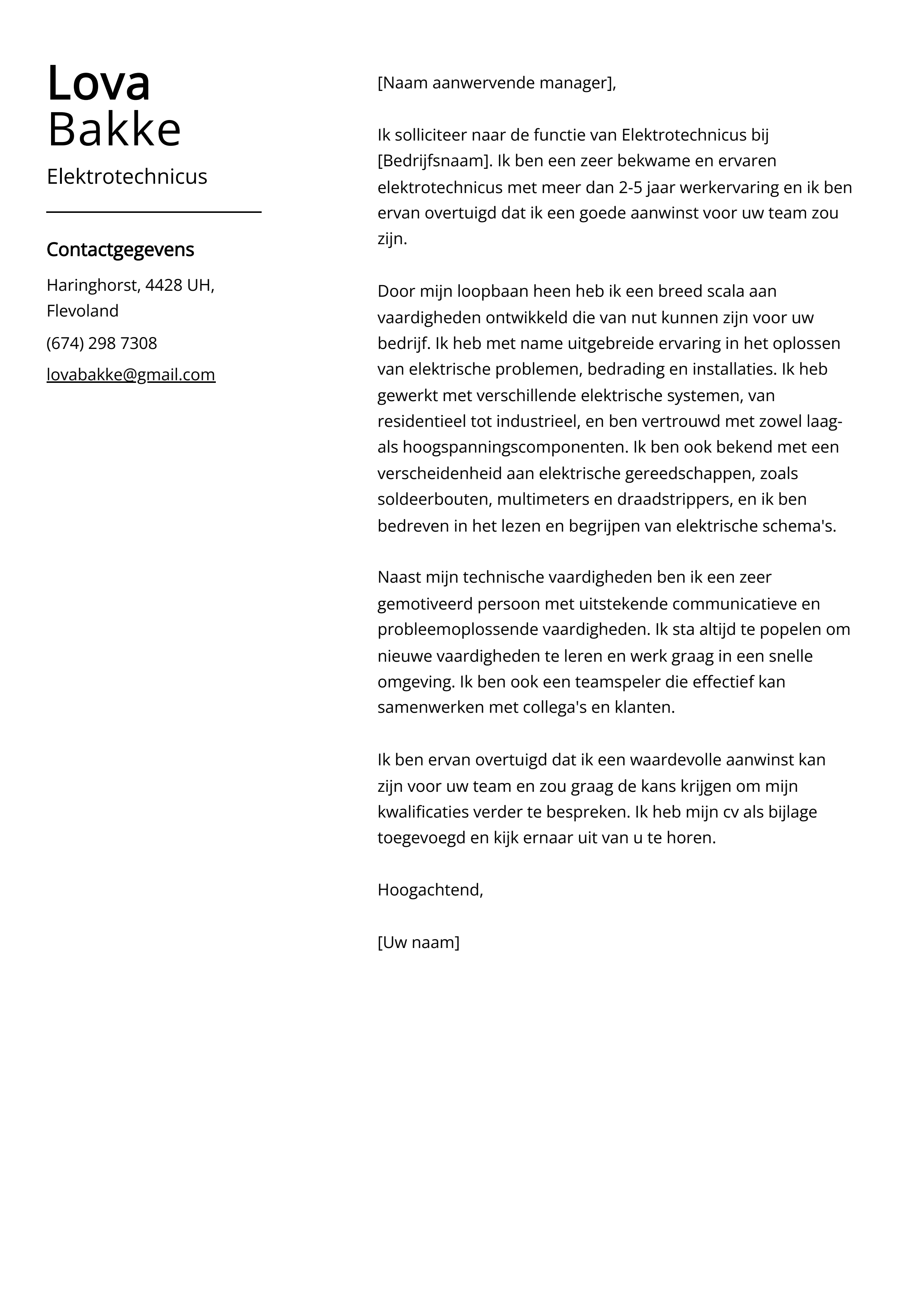 Elektrotechnicus sollicitatiebrief voorbeeld