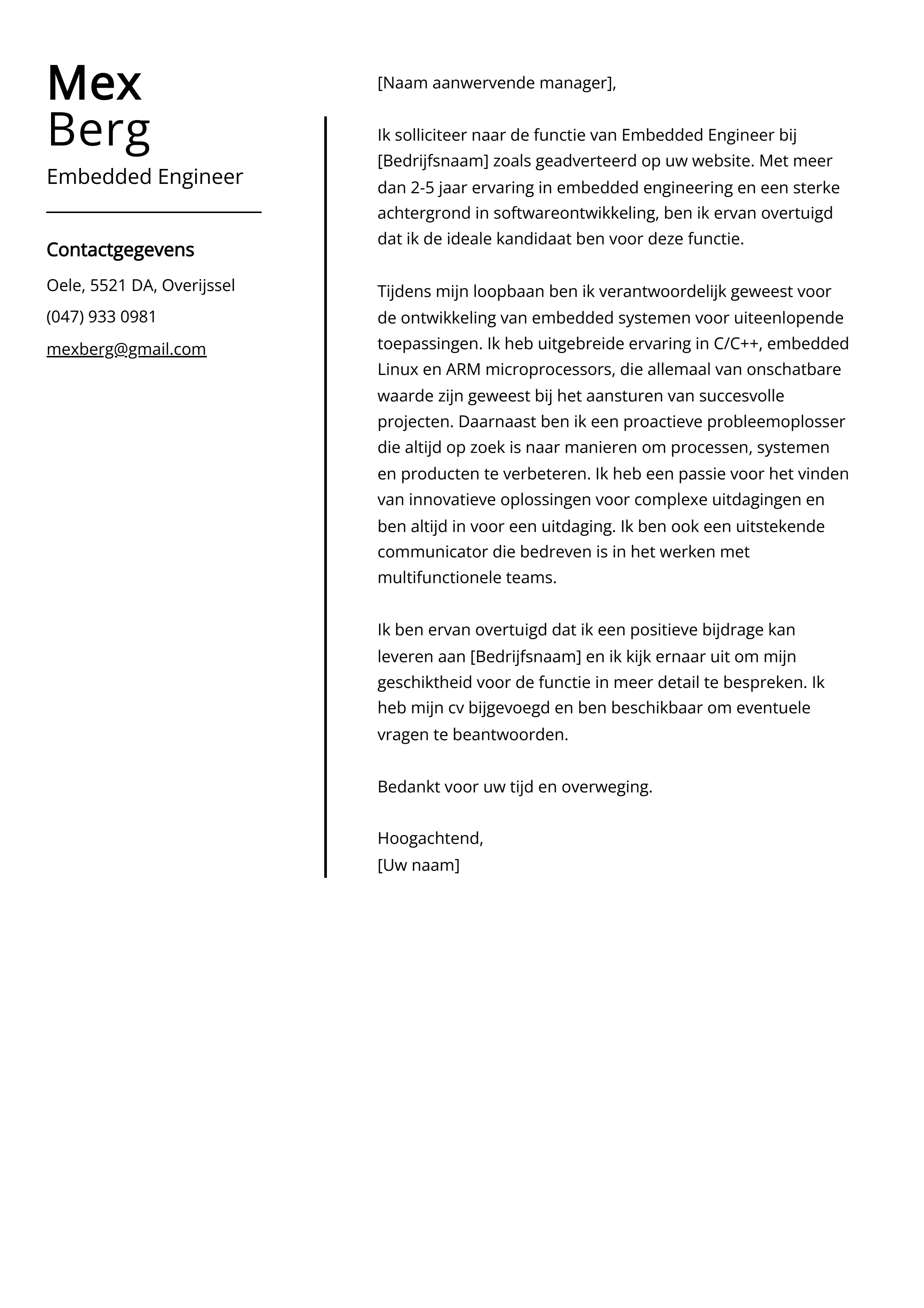 Embedded Engineer Voorbeeld sollicitatiebrief