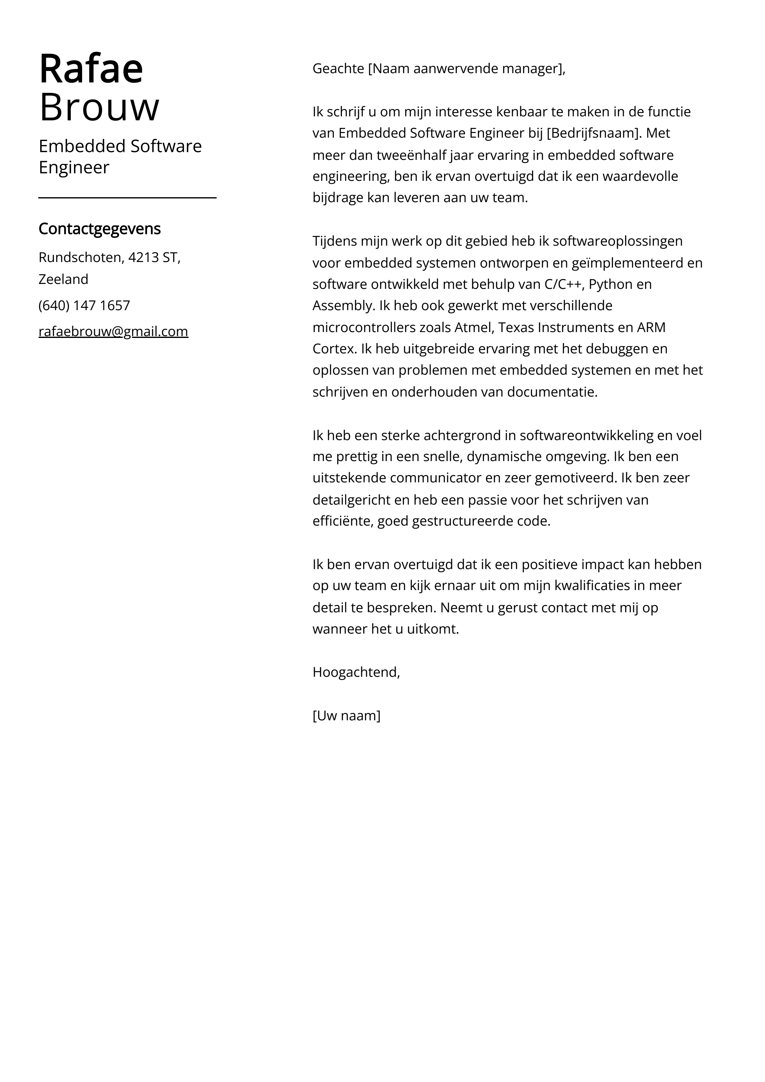 Embedded Software Engineer Voorbeeld sollicitatiebrief