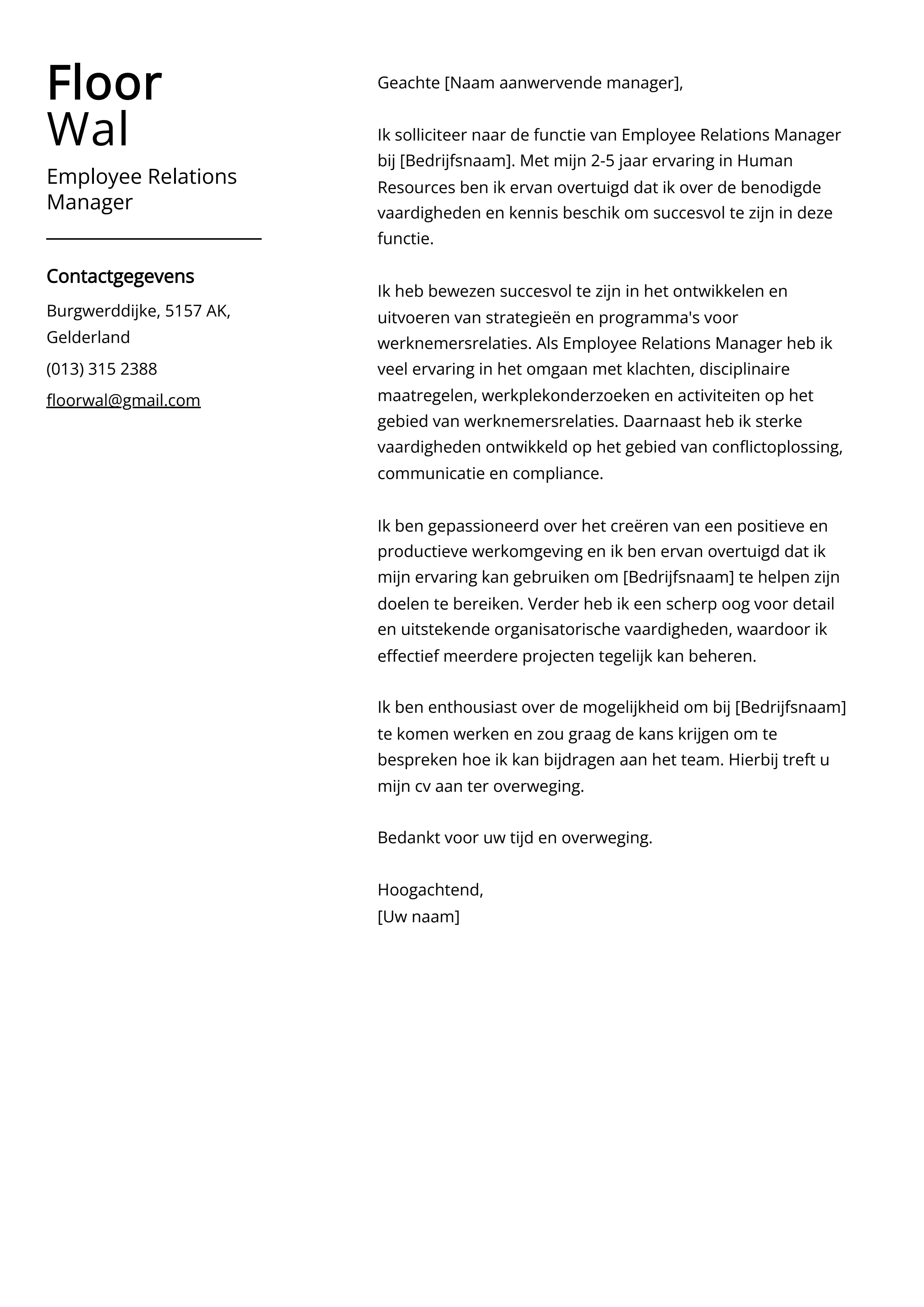 Employee Relations Manager Voorbeeld sollicitatiebrief