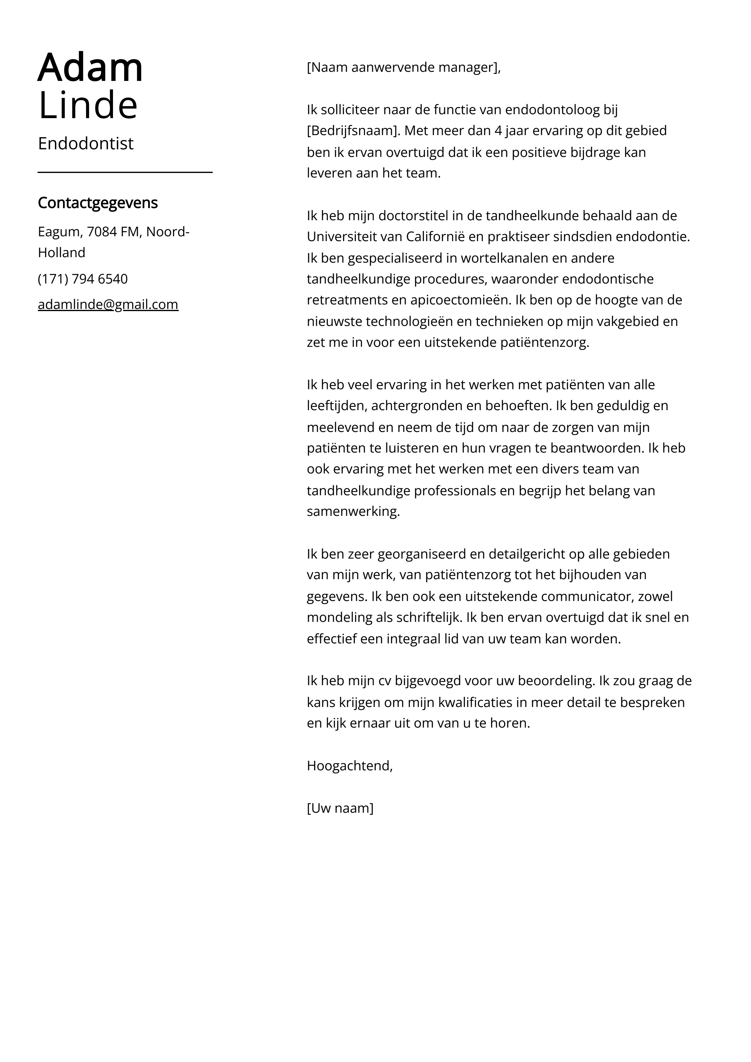 Endodontist Voorbeeld sollicitatiebrief