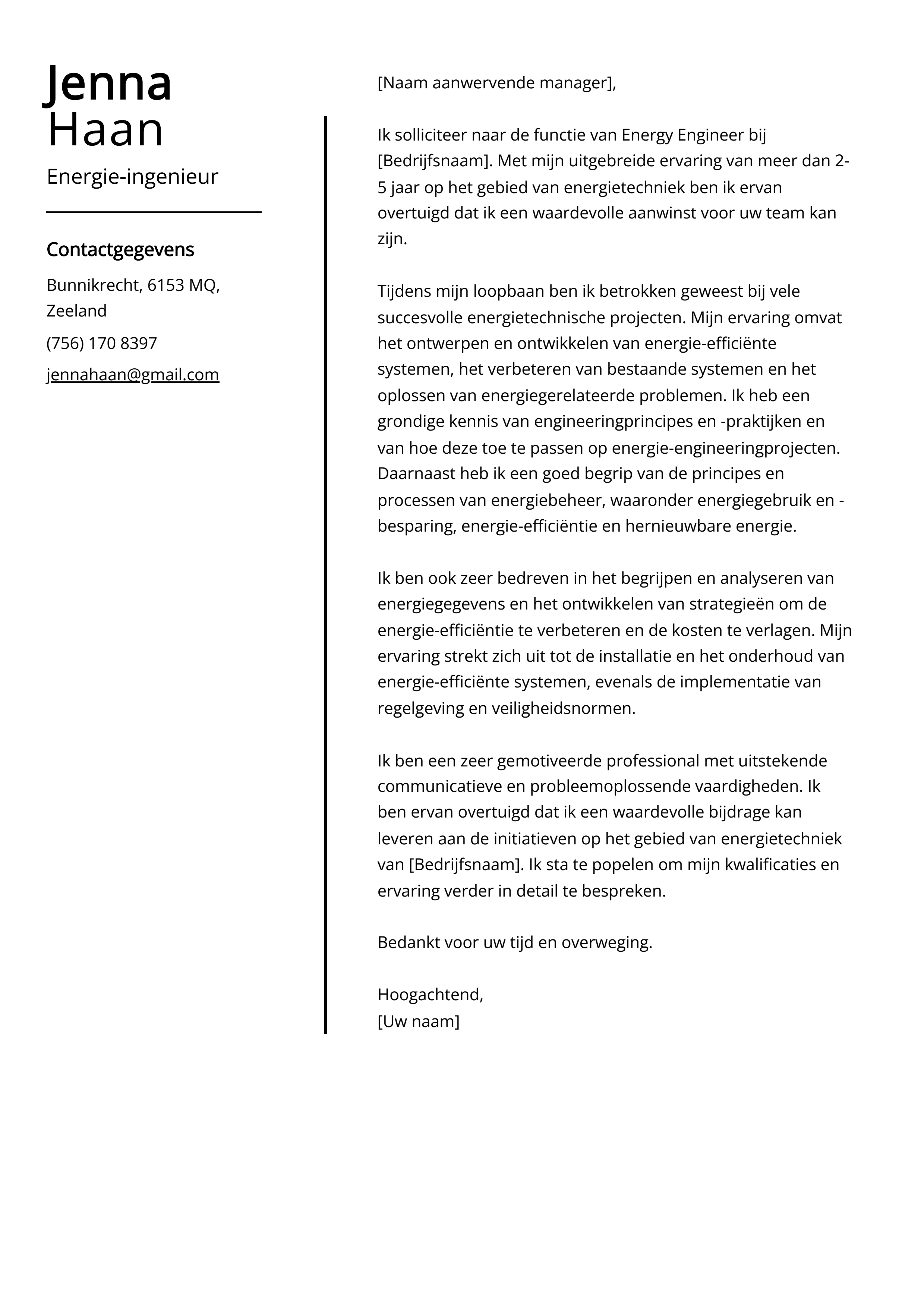 Energie-ingenieur sollicitatiebrief voorbeeld