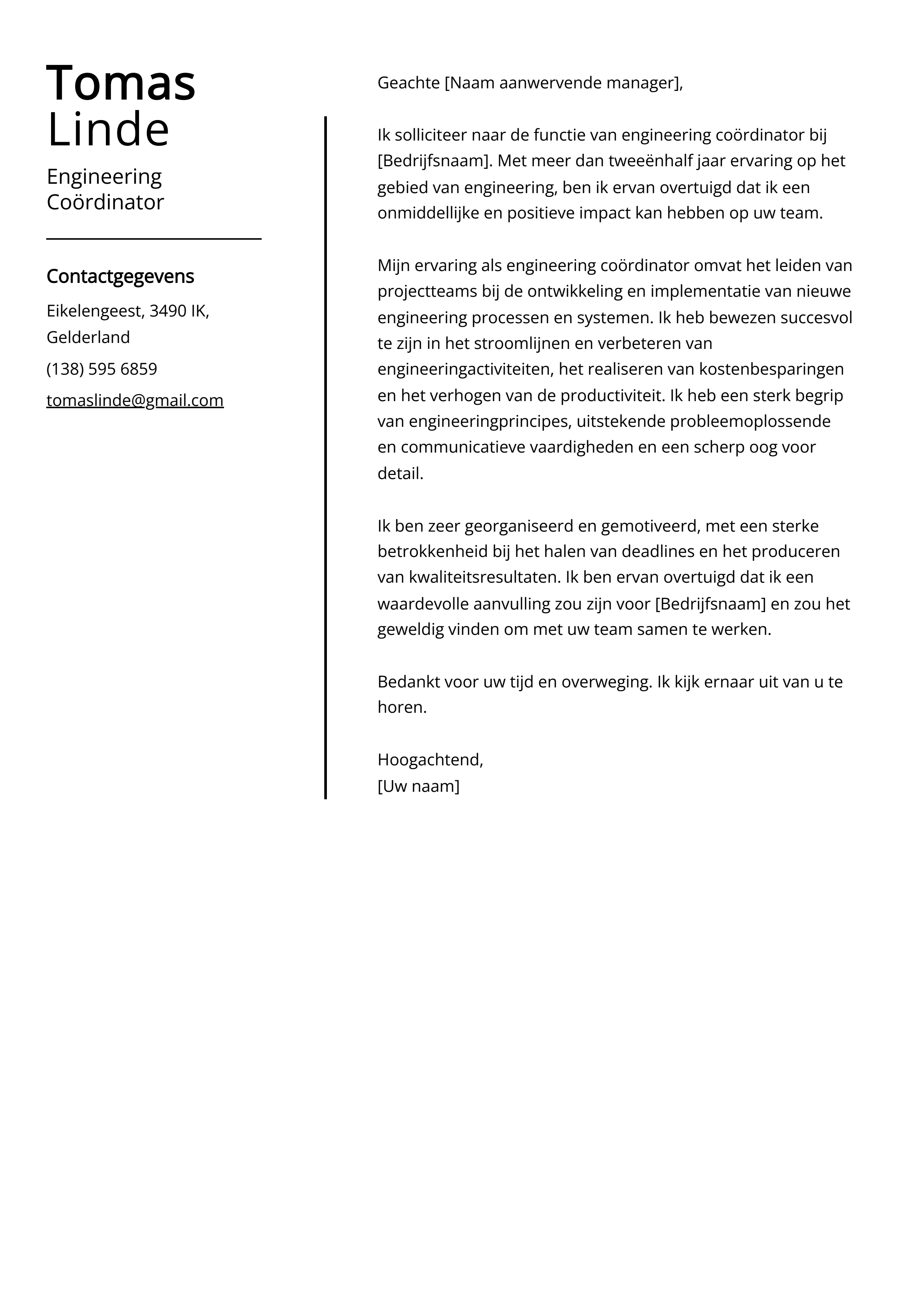 Engineering Coördinator Sollicitatiebrief Voorbeeld