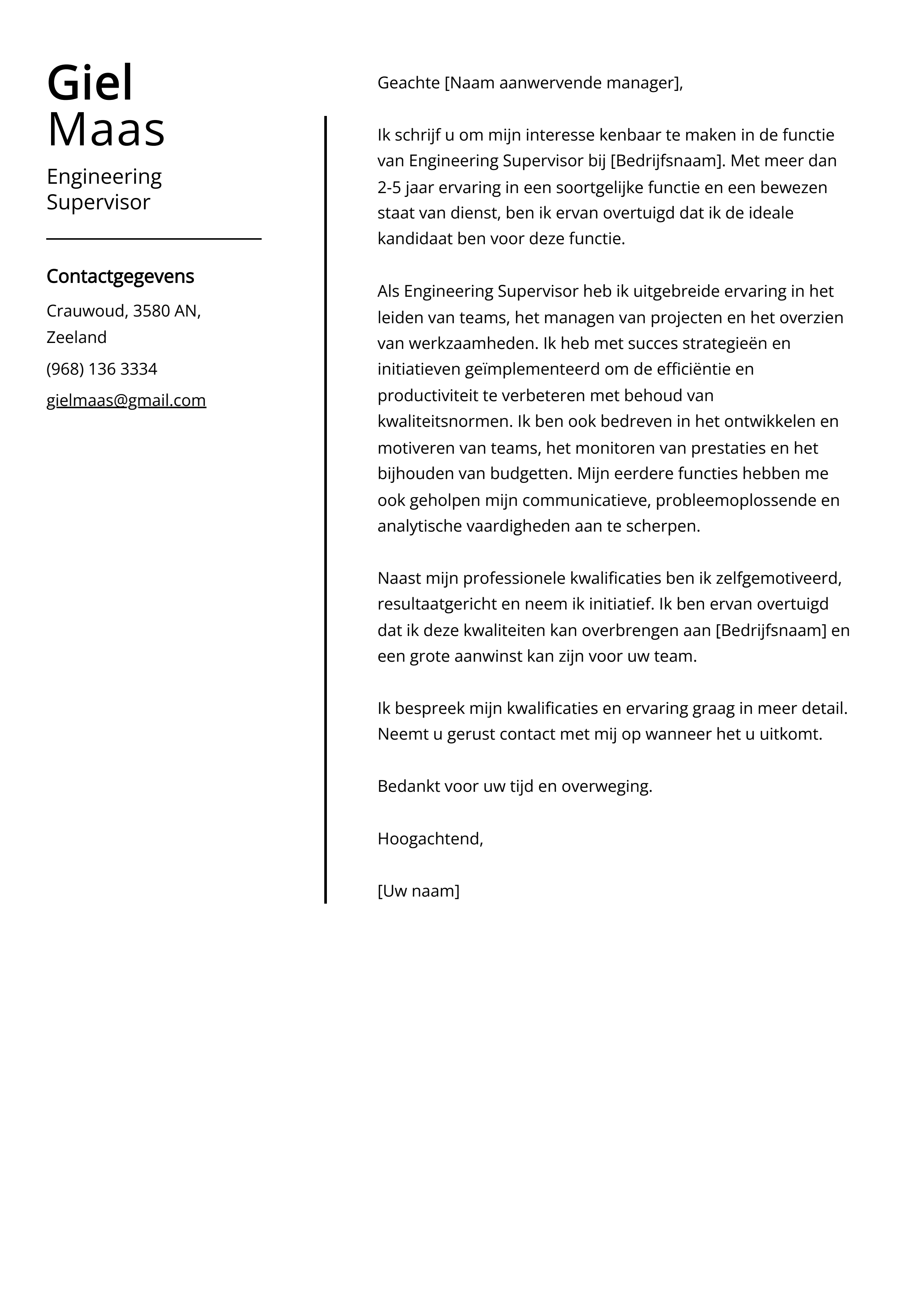 Engineering Supervisor Voorbeeld sollicitatiebrief