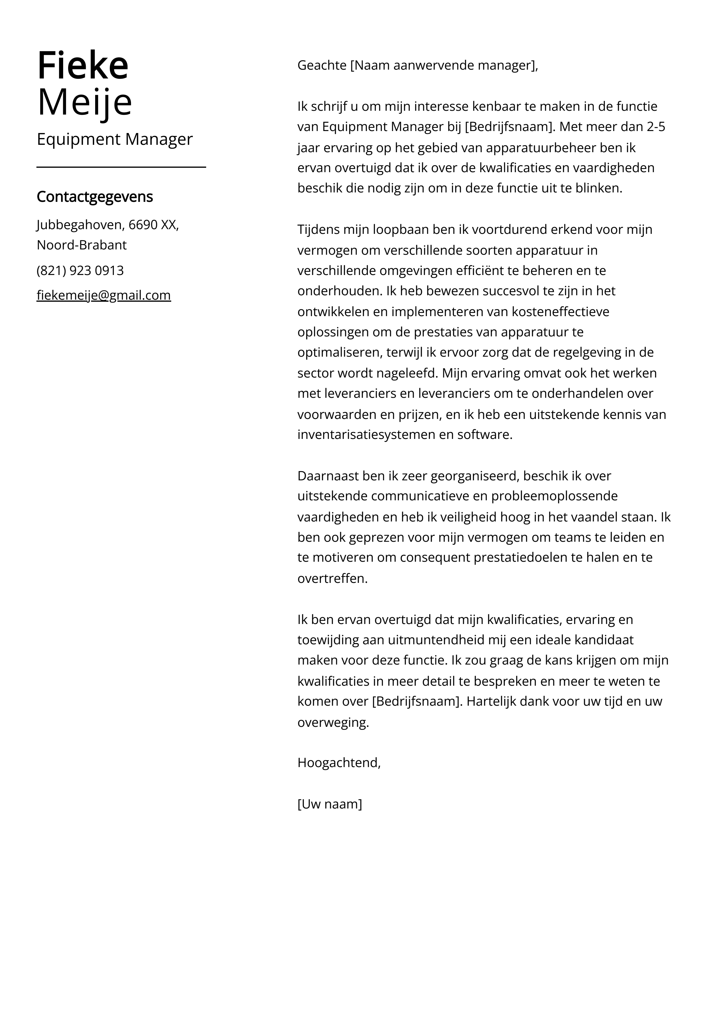 Equipment Manager Voorbeeld sollicitatiebrief