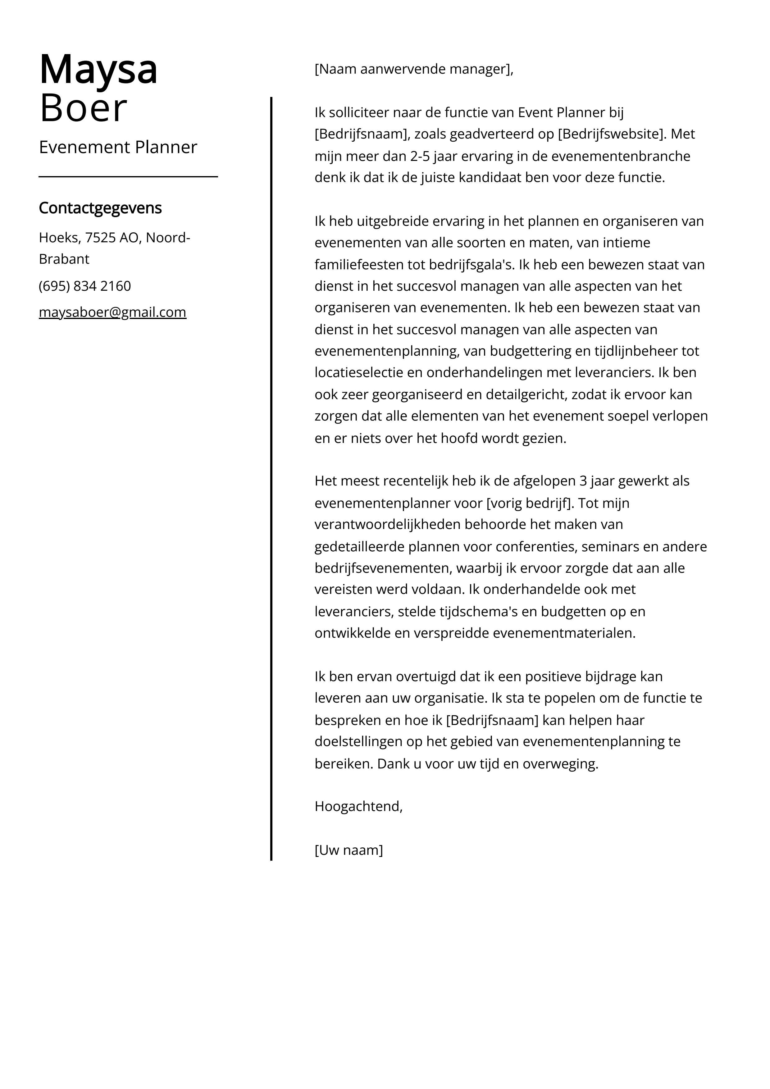 Evenement Planner Sollicitatiebrief Voorbeeld