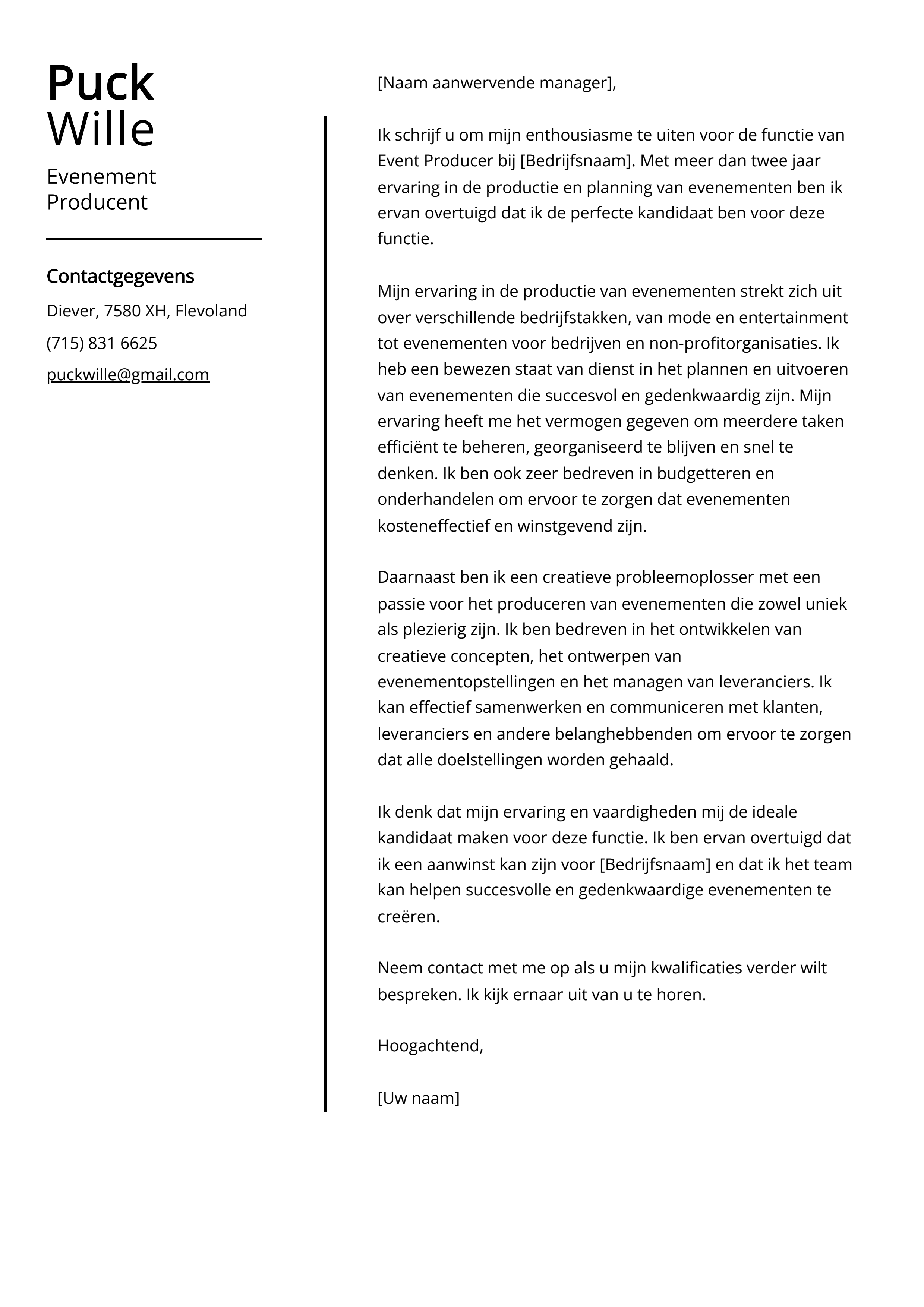 Voorbeeld sollicitatiebrief voor evenementenproducent