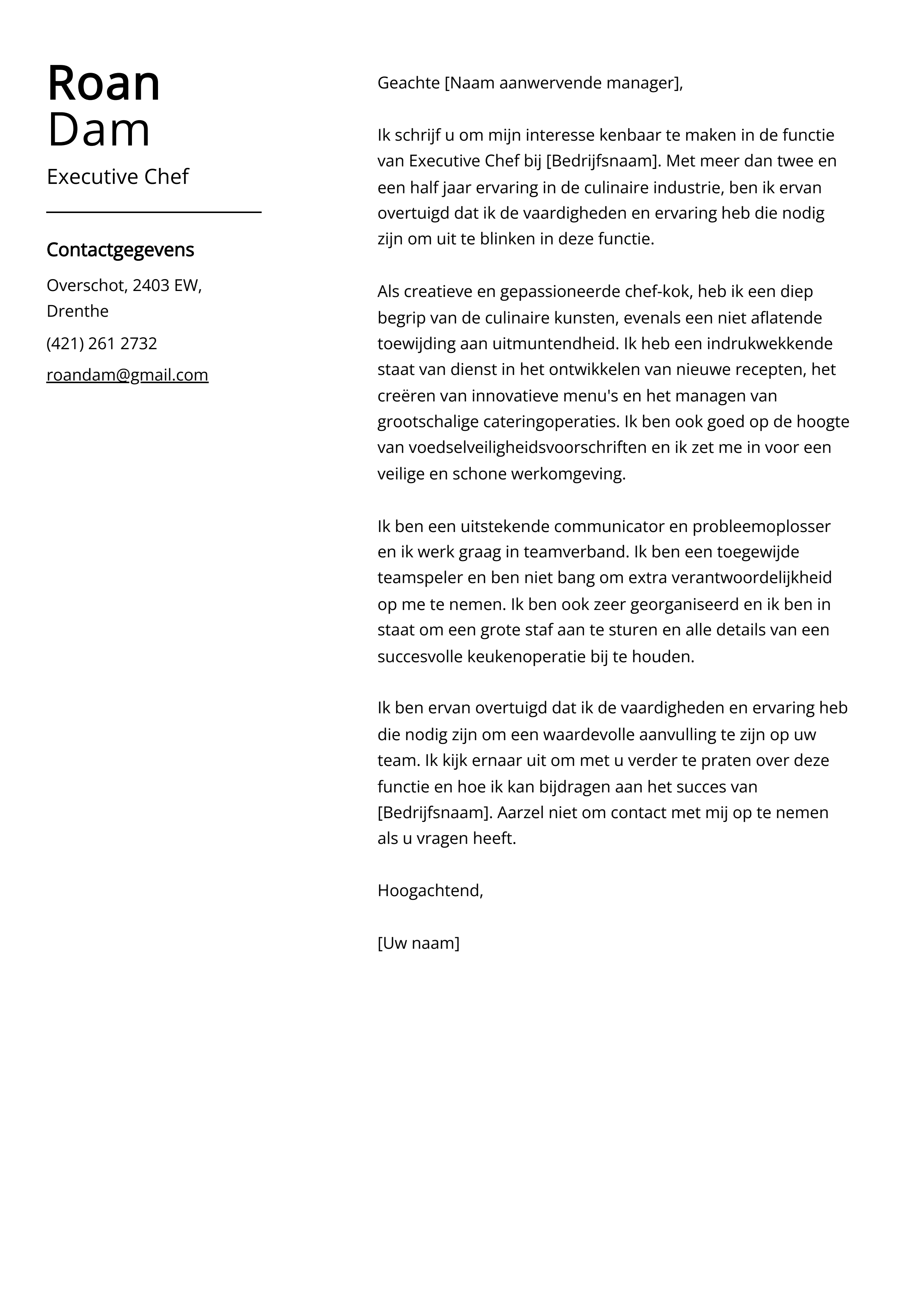 Executive Chef Voorbeeld sollicitatiebrief