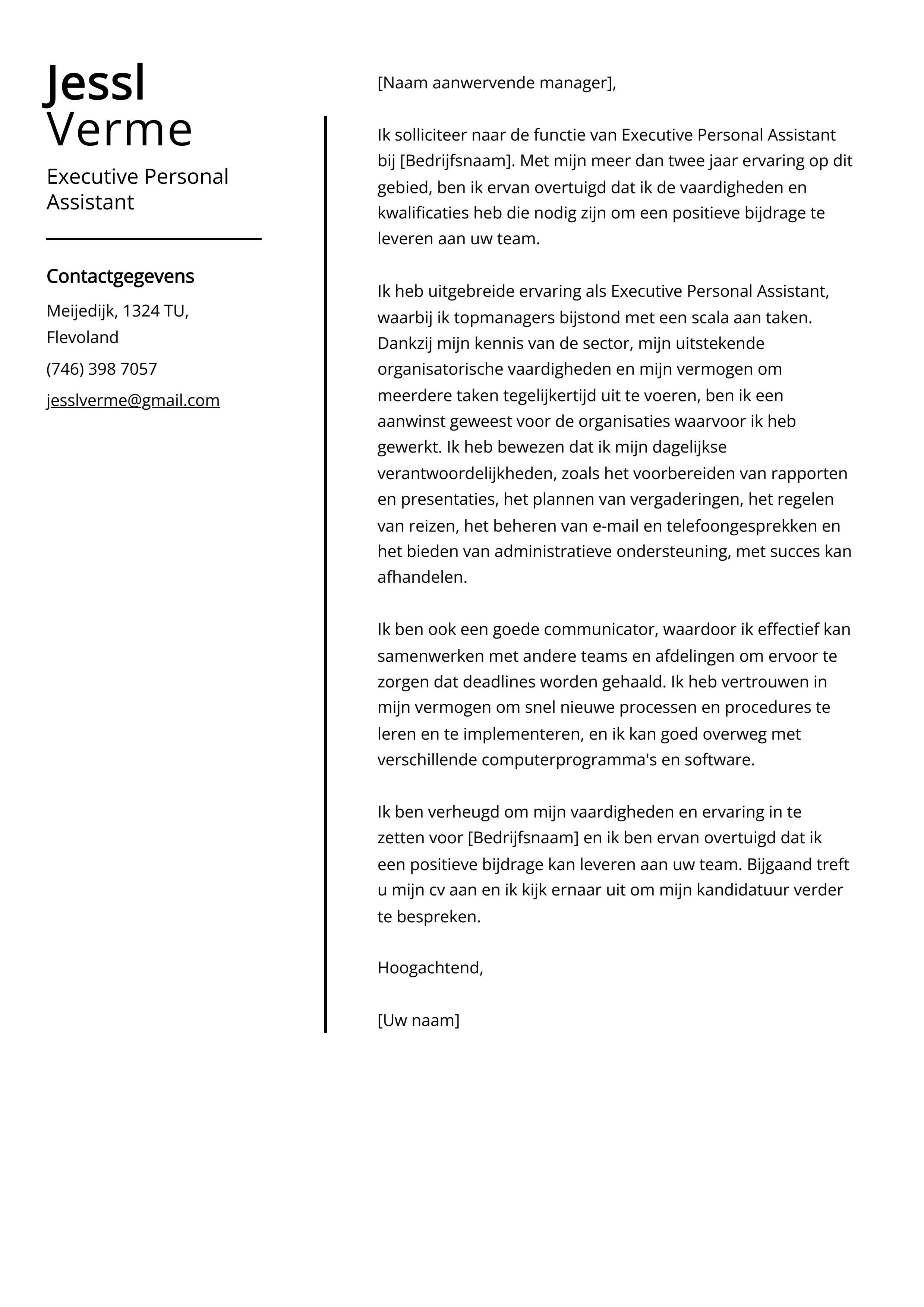 Executive Personal Assistant Voorbeeld sollicitatiebrief