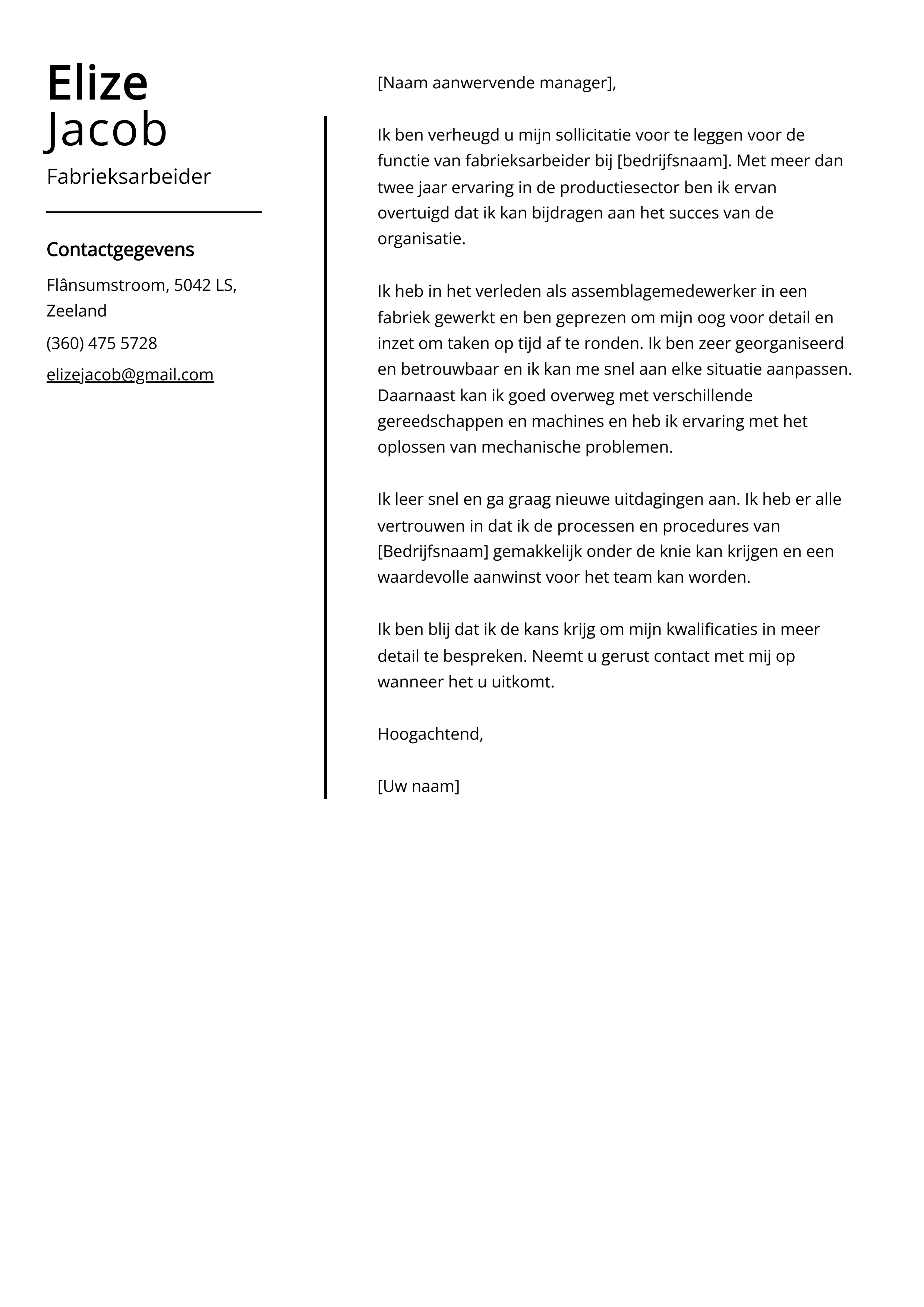 Fabrieksarbeider Sollicitatiebrief Voorbeeld