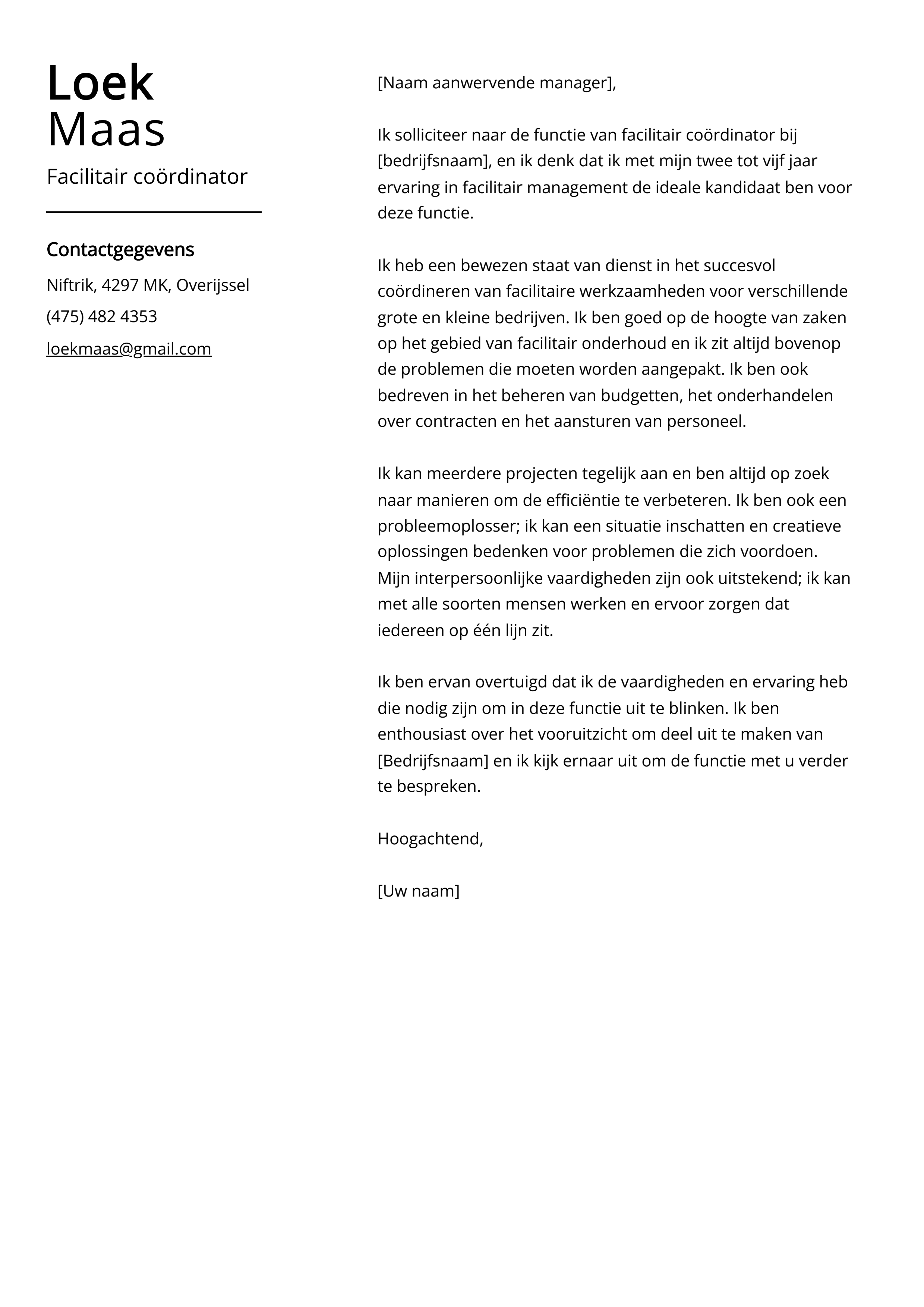 Facilitair coördinator Voorbeeld sollicitatiebrief