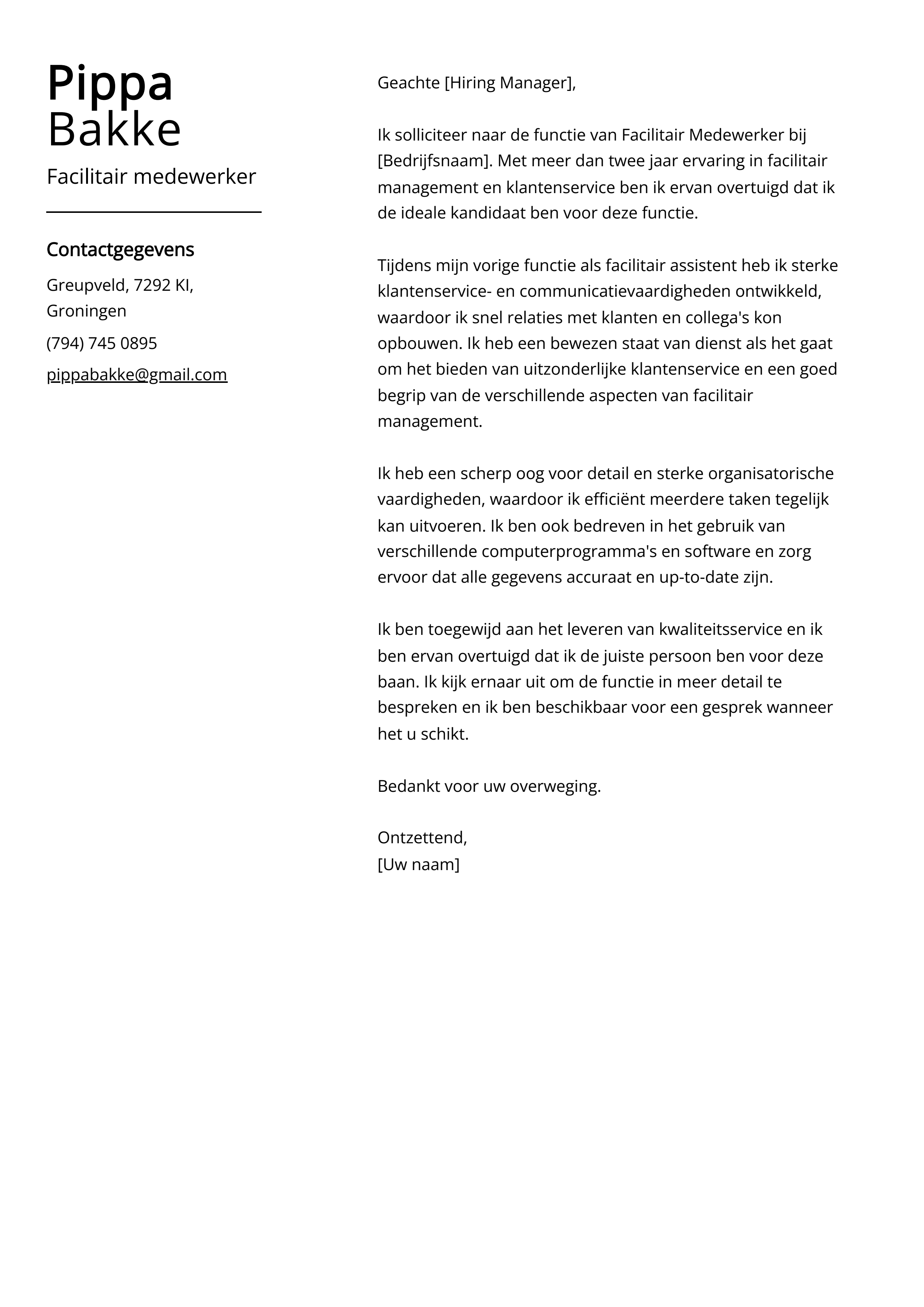 Facilitair medewerker Voorbeeld sollicitatiebrief