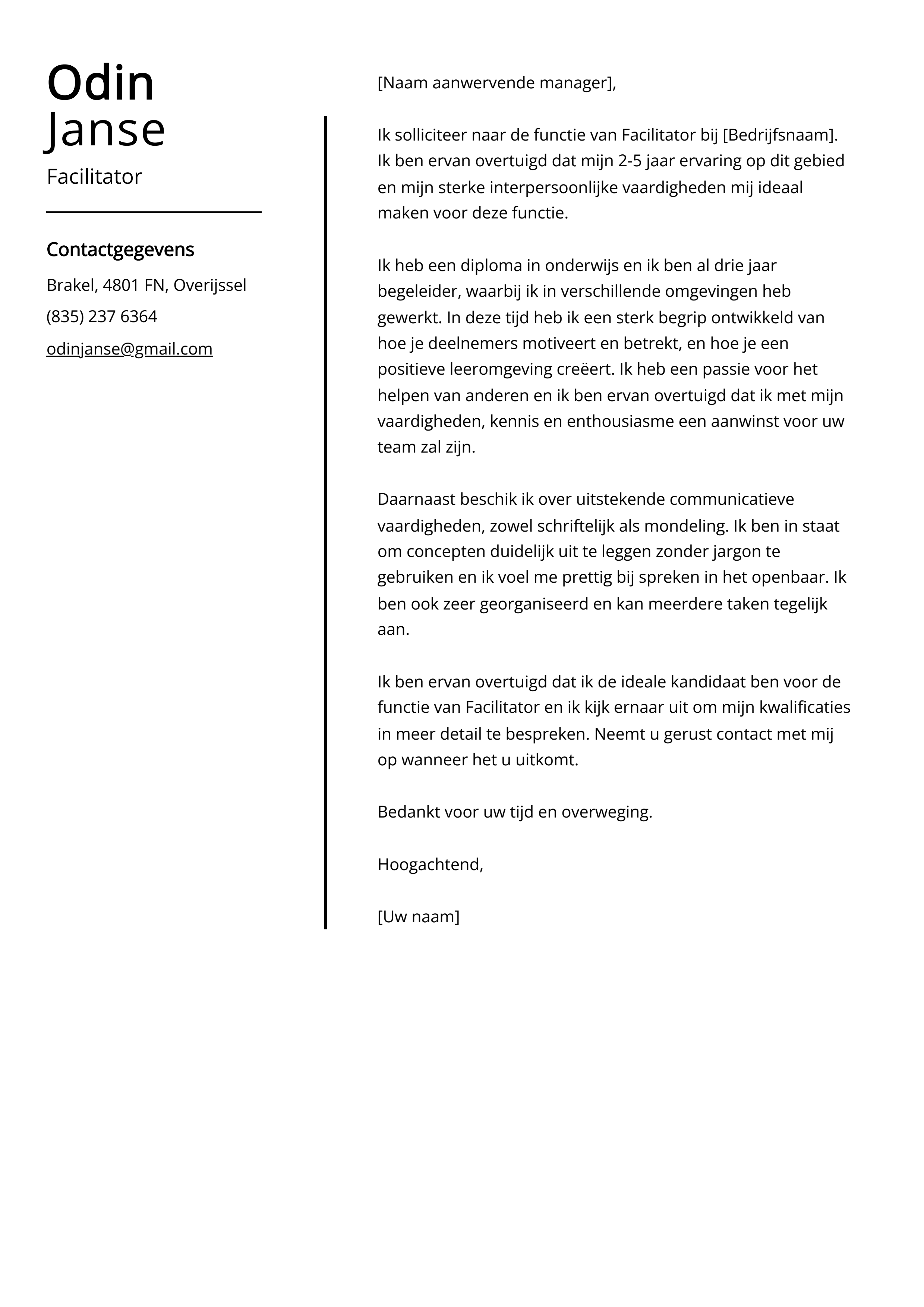 Facilitator Voorbeeld sollicitatiebrief