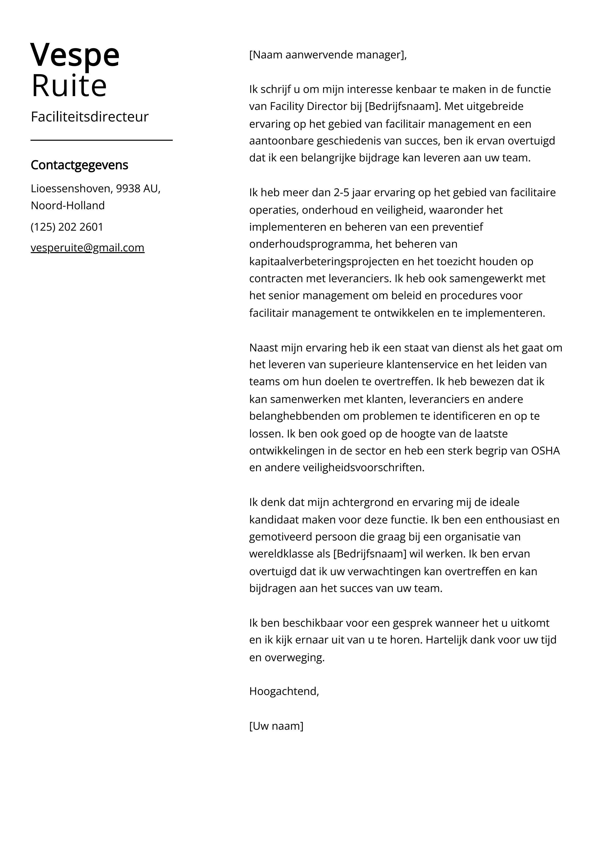 Faciliteitsdirecteur Sollicitatiebrief Voorbeeld