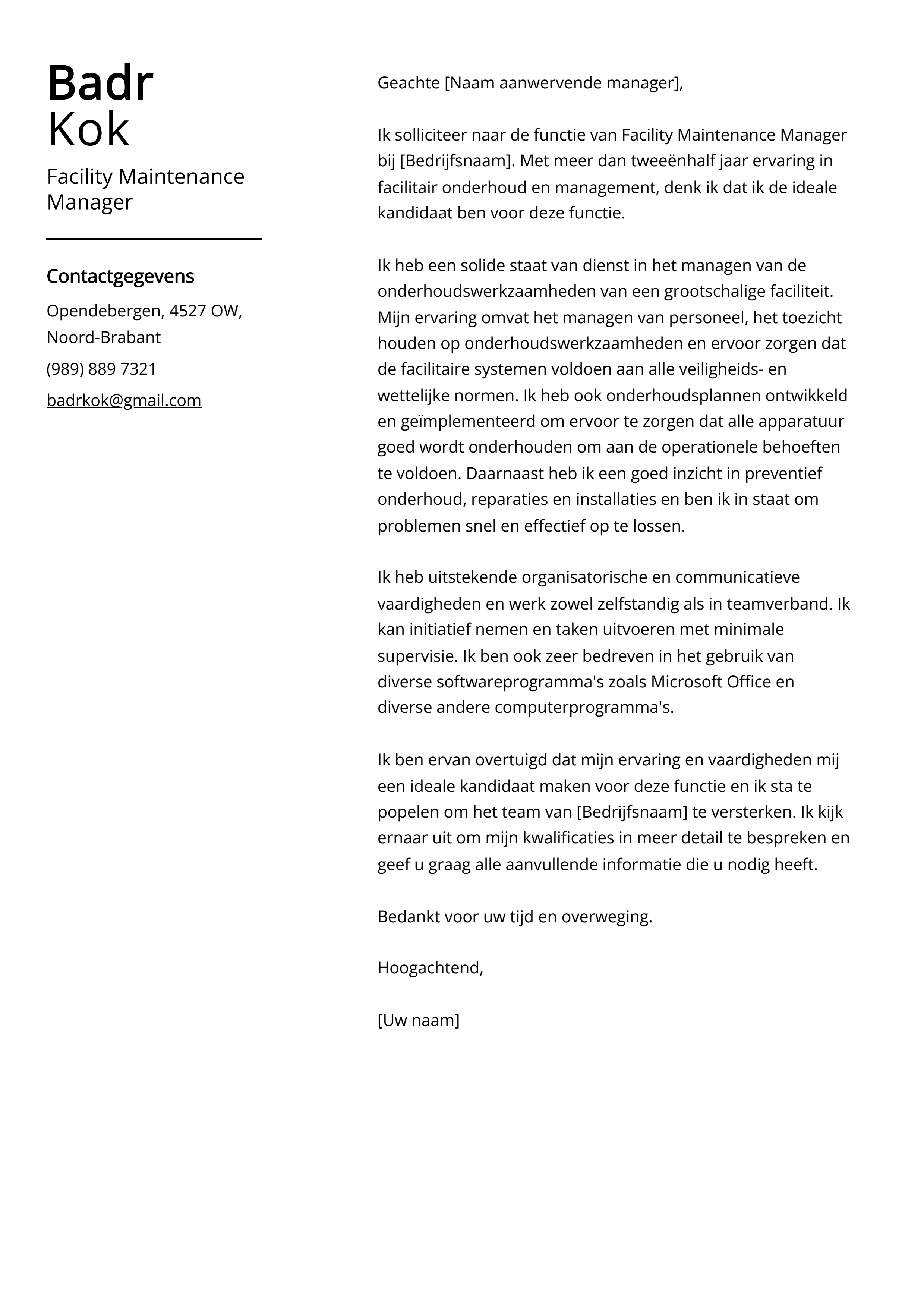 Facility Maintenance Manager Voorbeeld sollicitatiebrief