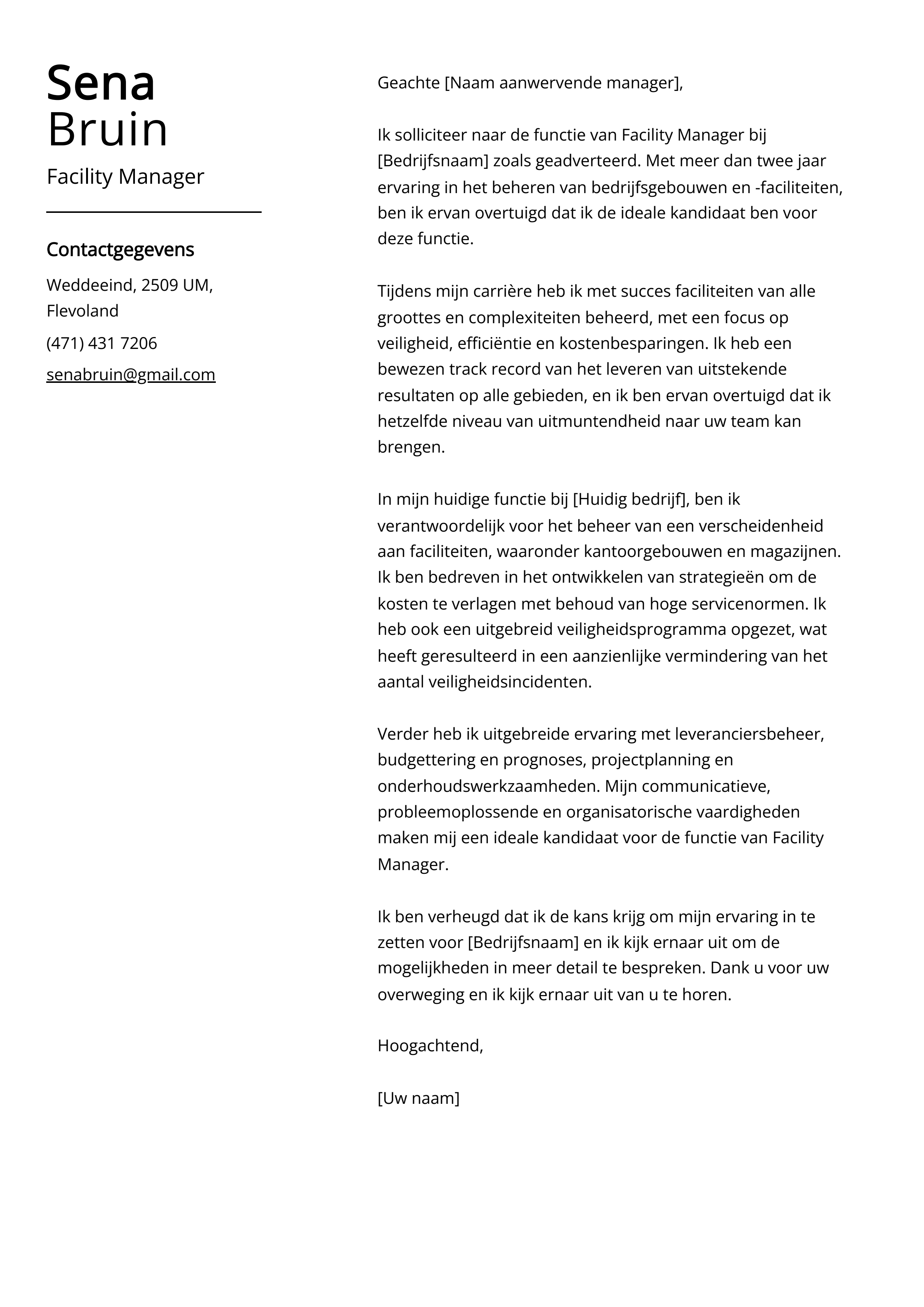 Facility Manager Voorbeeld sollicitatiebrief