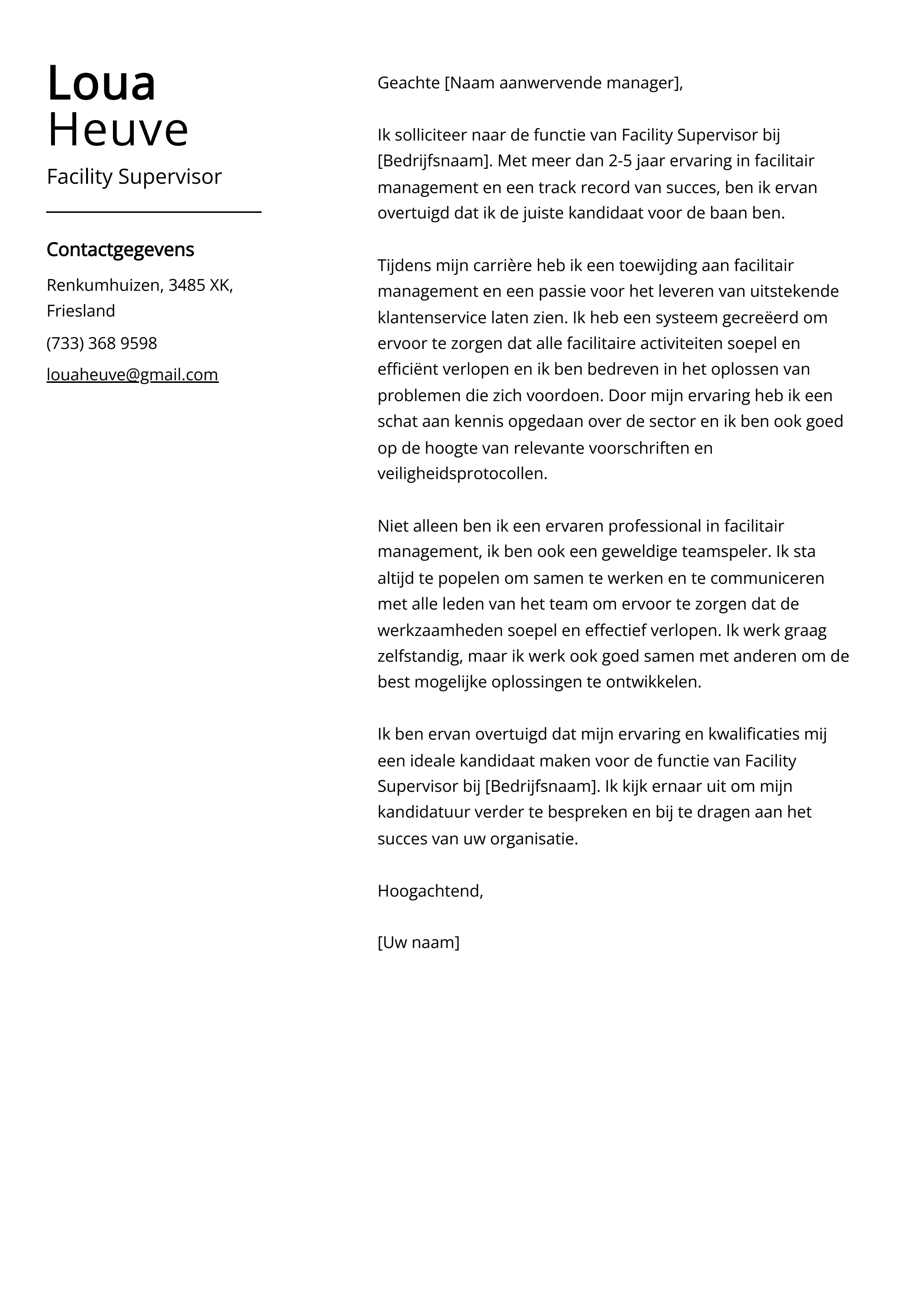 Facility Supervisor Voorbeeld sollicitatiebrief