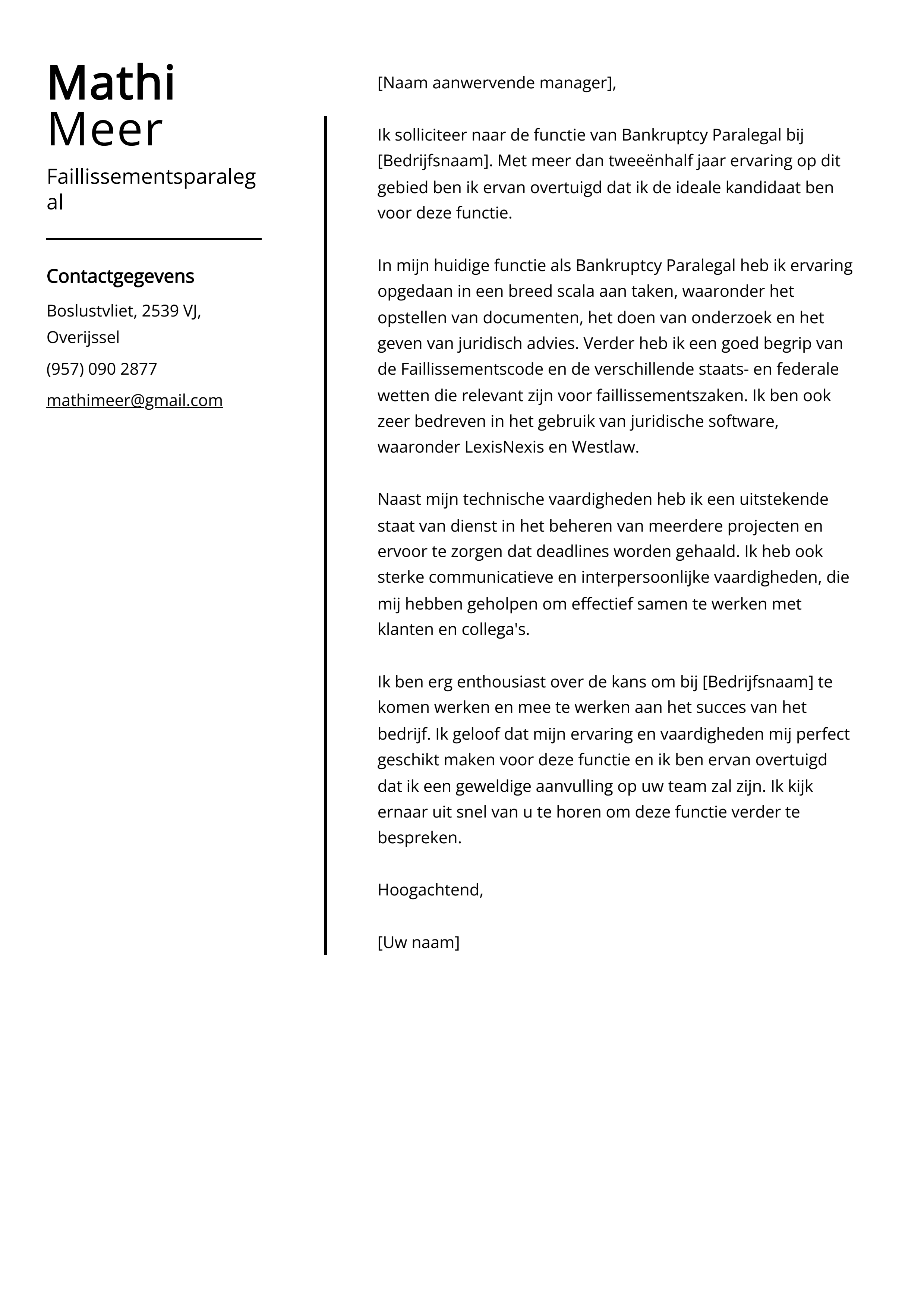 Faillissementsparalegal Sollicitatiebrief Voorbeeld