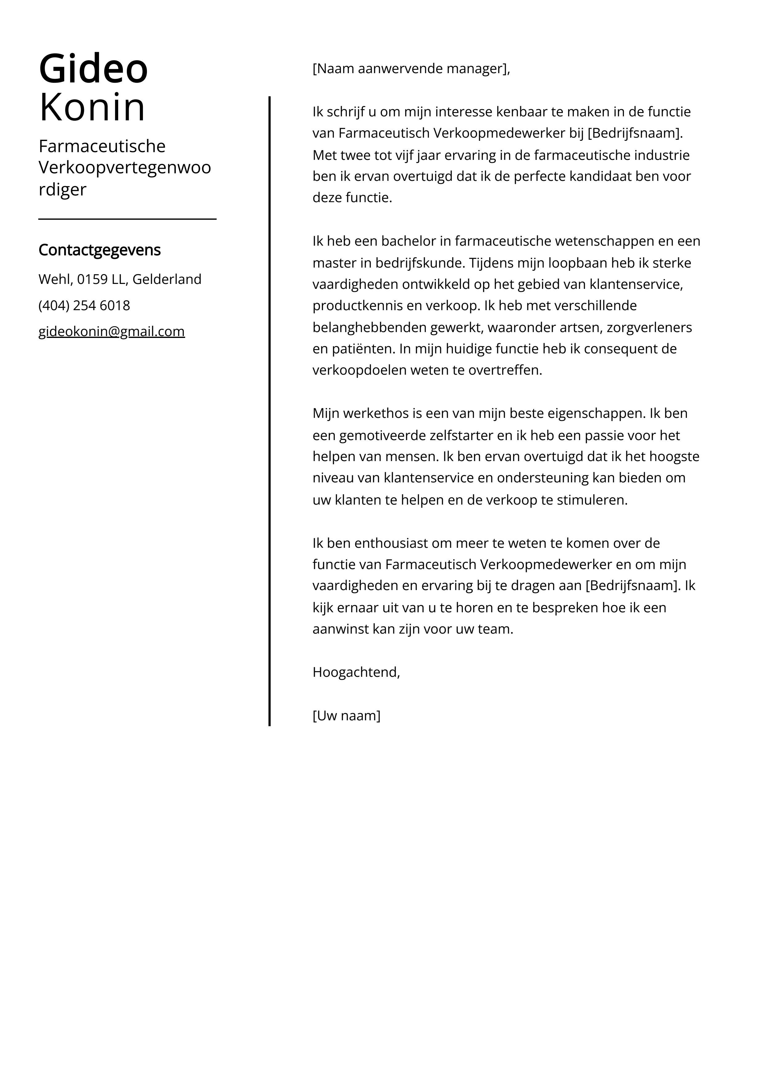 Farmaceutische Verkoopvertegenwoordiger Voorbeeld sollicitatiebrief