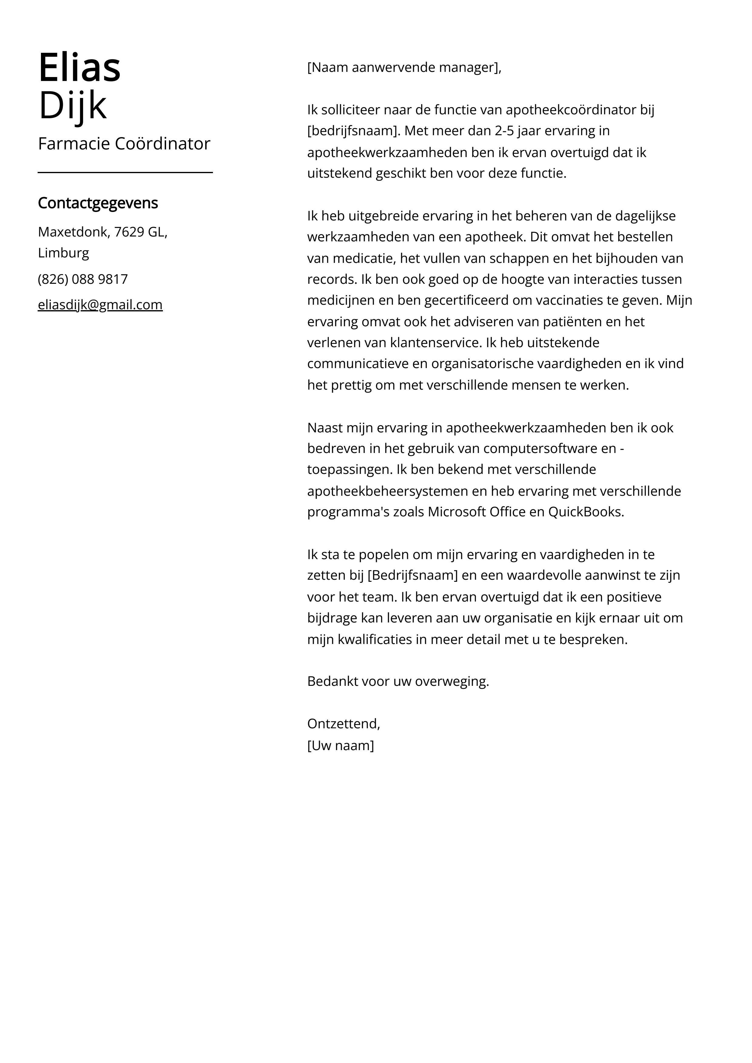 Farmacie Coördinator Voorbeeld sollicitatiebrief