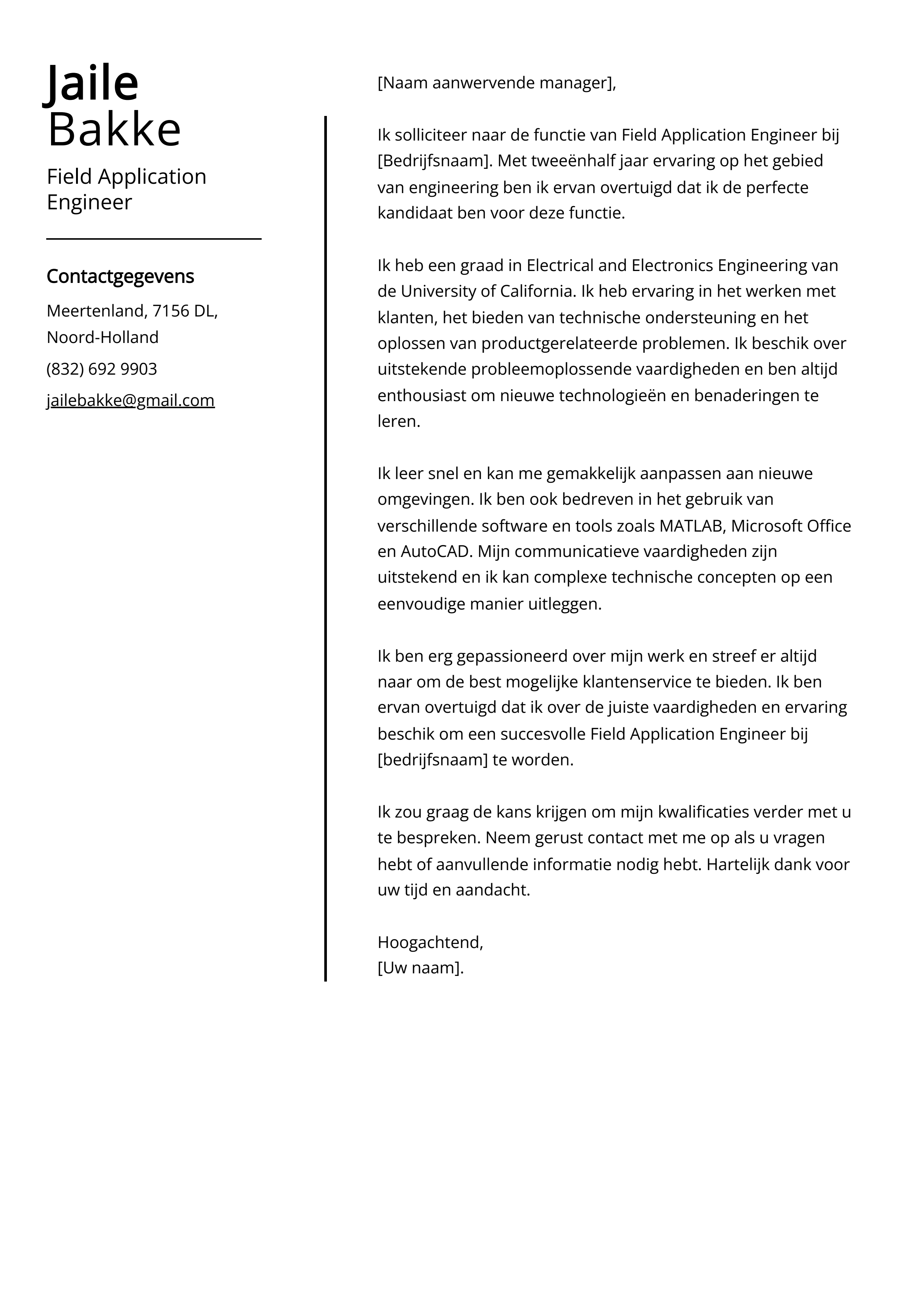 Field Application Engineer Voorbeeld sollicitatiebrief