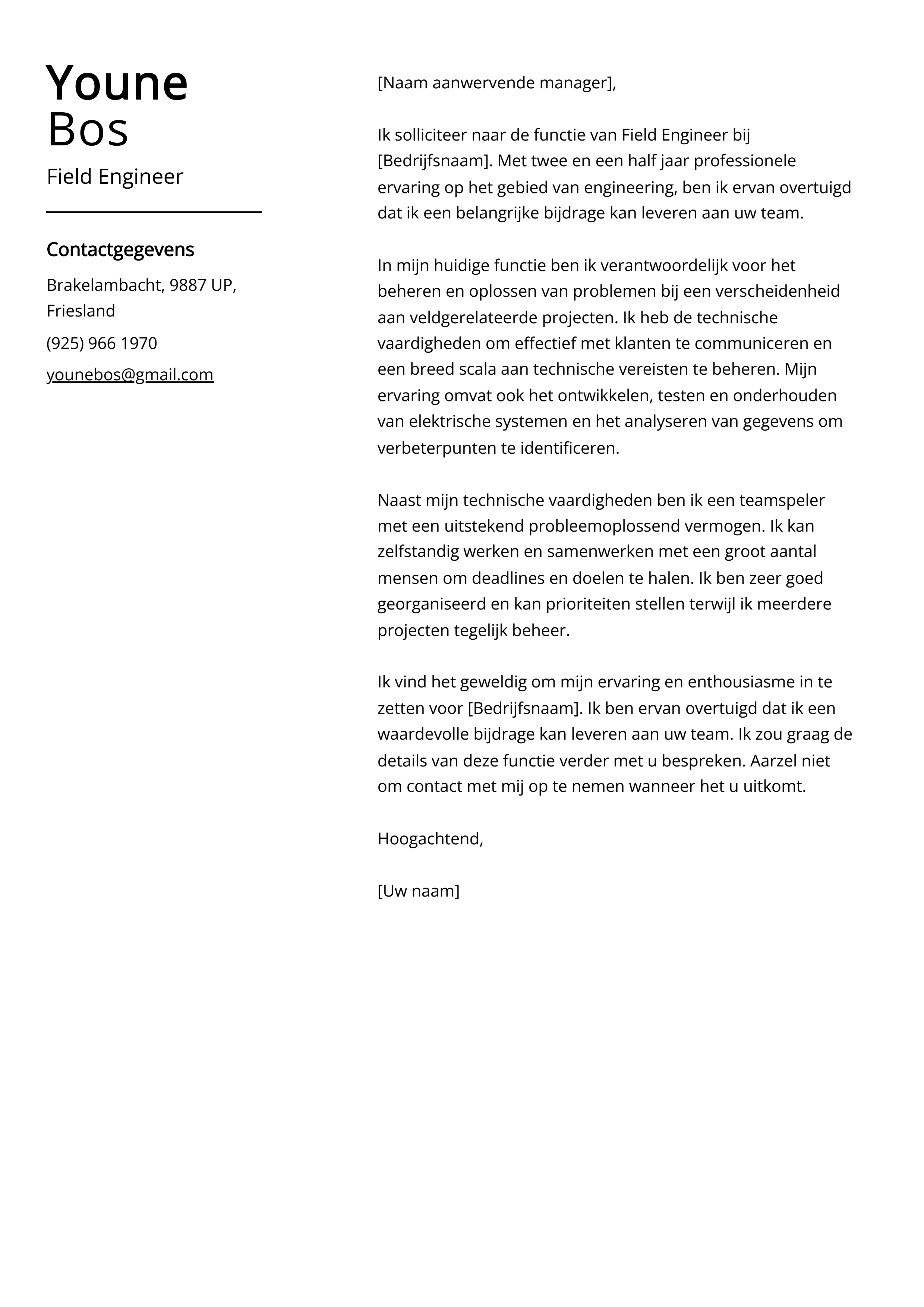 Field Engineer Voorbeeld sollicitatiebrief