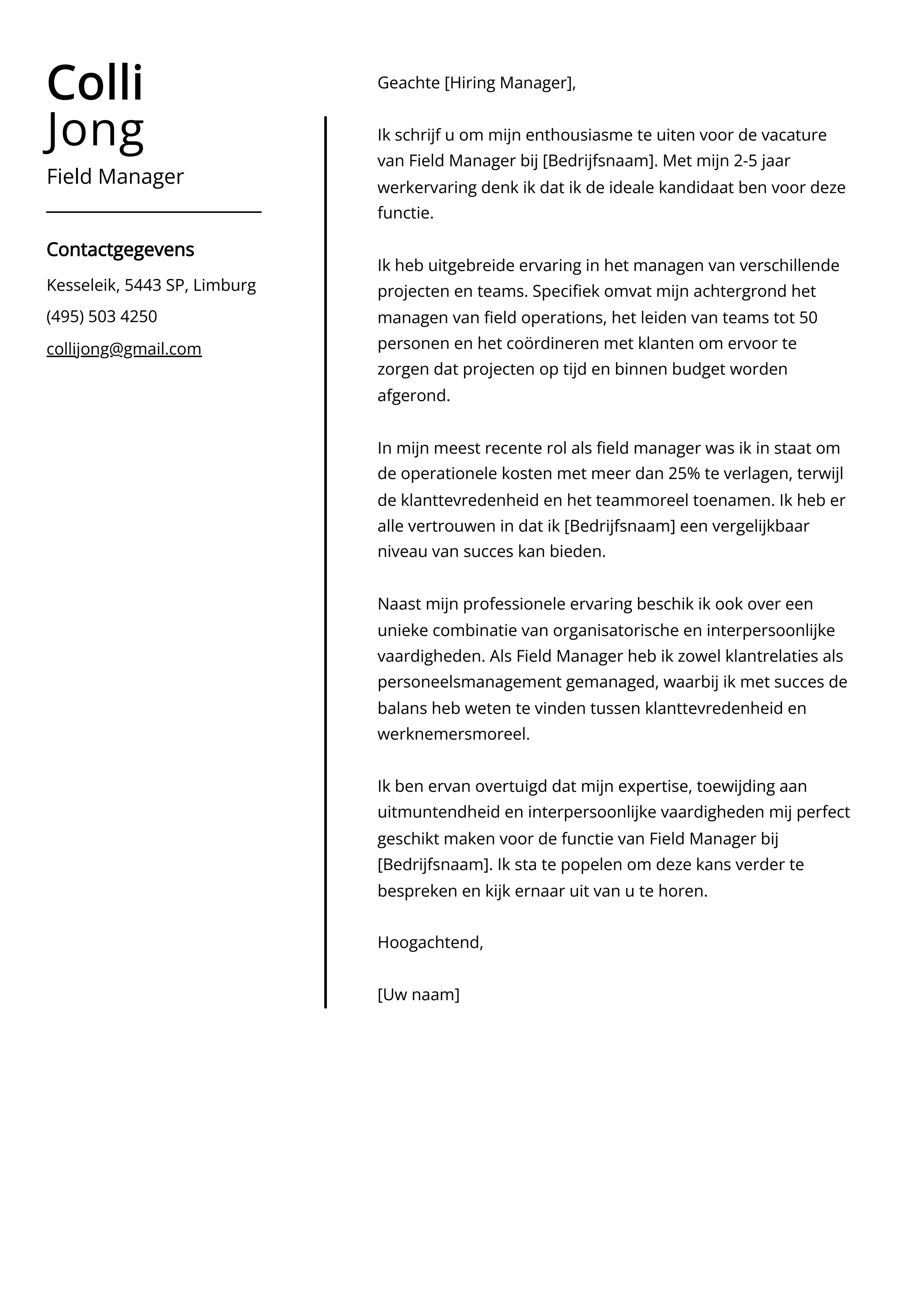 Field Manager Voorbeeld sollicitatiebrief