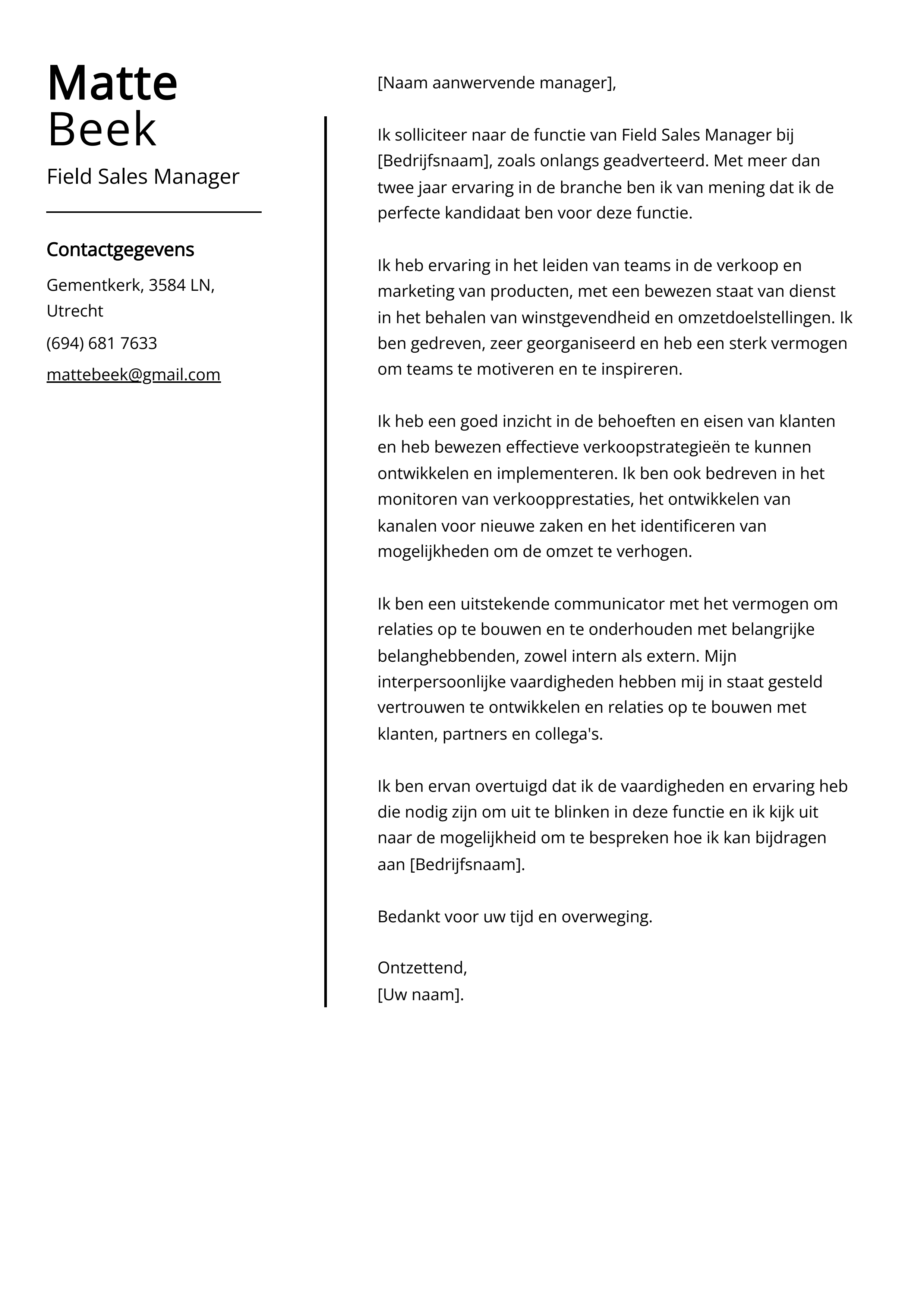 Field Sales Manager Voorbeeld sollicitatiebrief