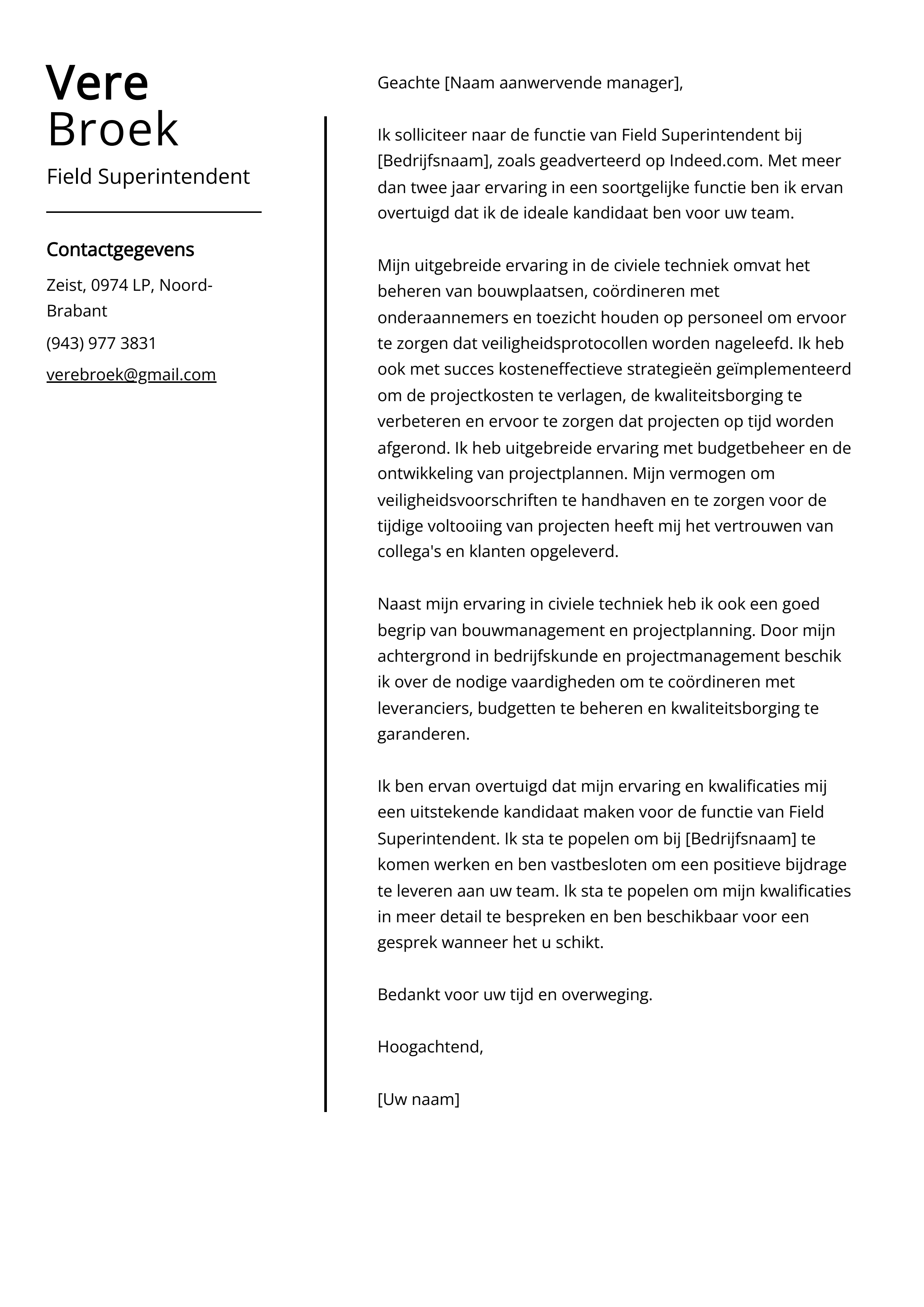 Field Superintendent Voorbeeld sollicitatiebrief