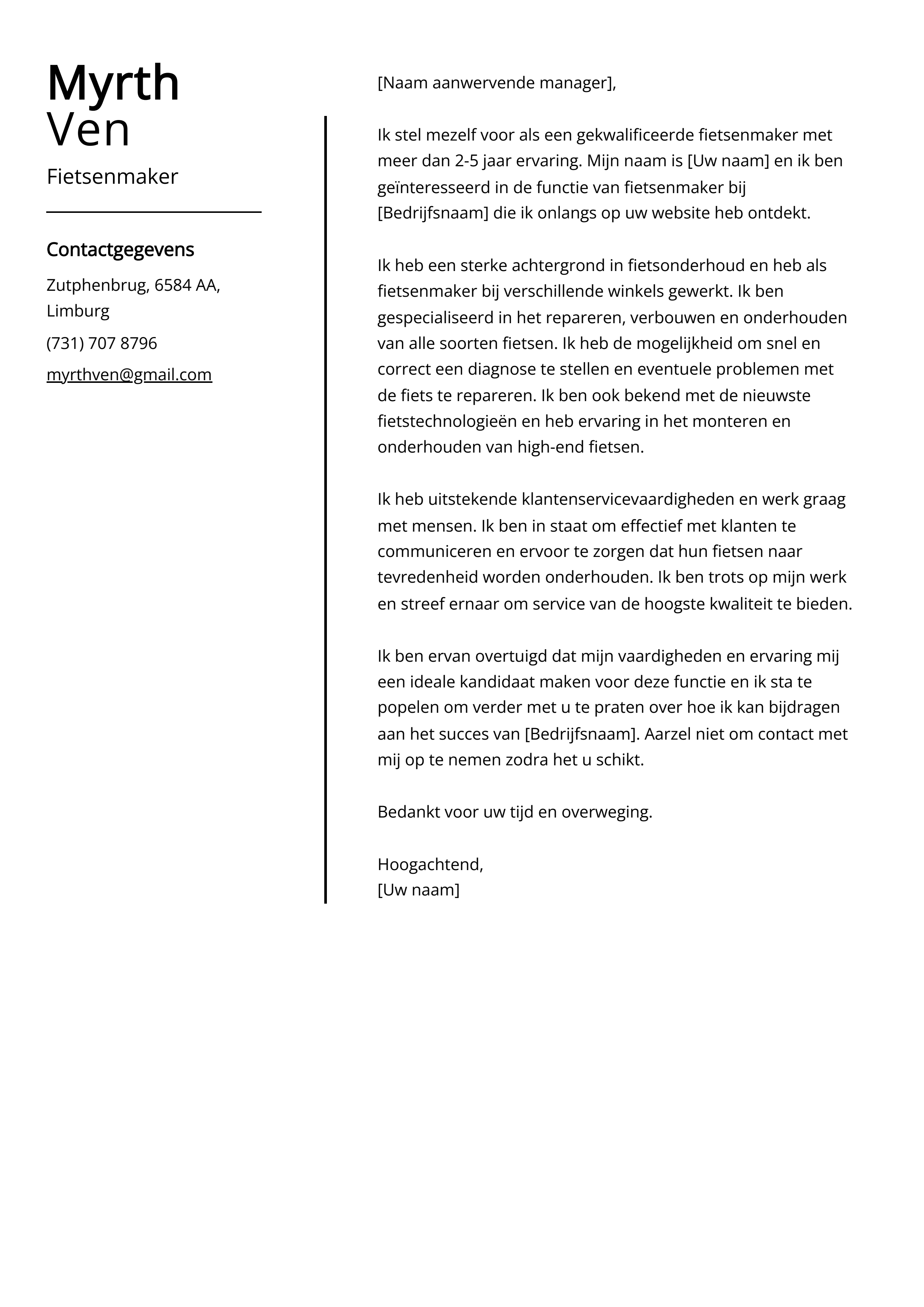 Fietsenmaker Sollicitatiebrief Voorbeeld