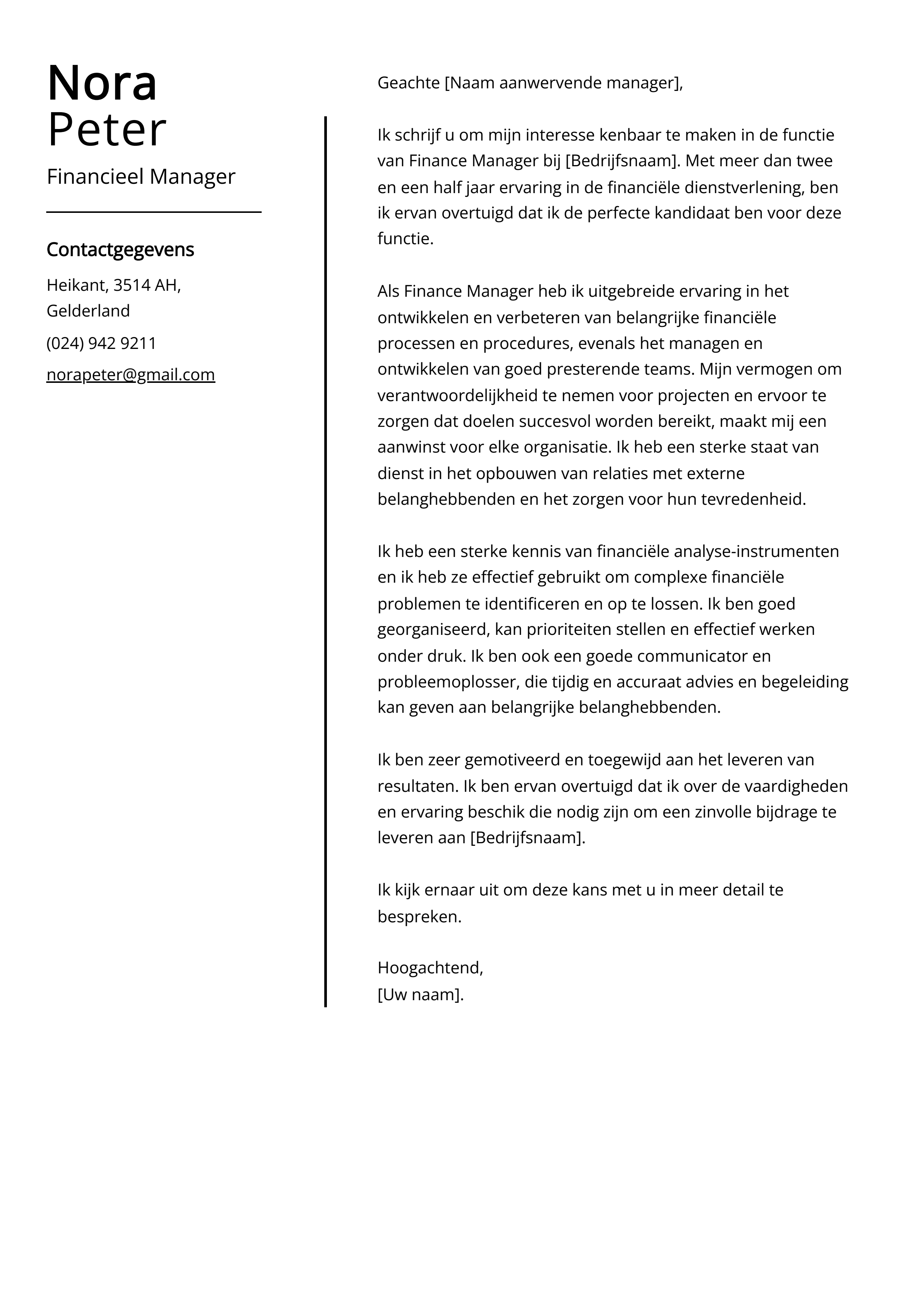 Financieel Manager Sollicitatiebrief Voorbeeld