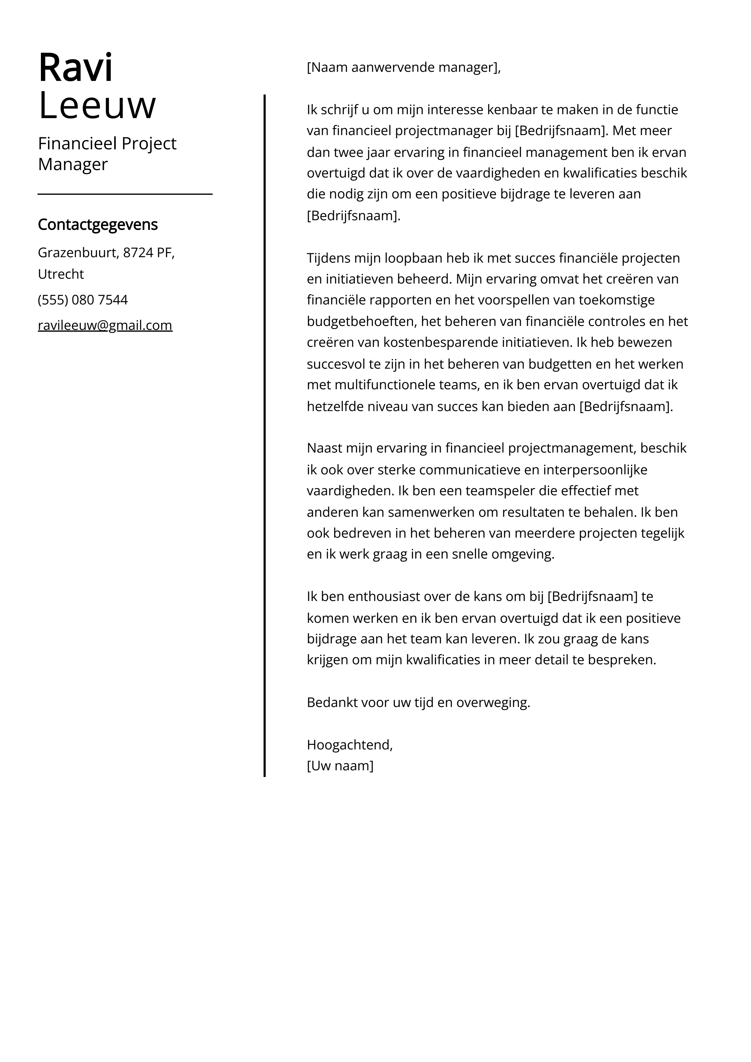 Financieel Project Manager Cover Letter Voorbeeld