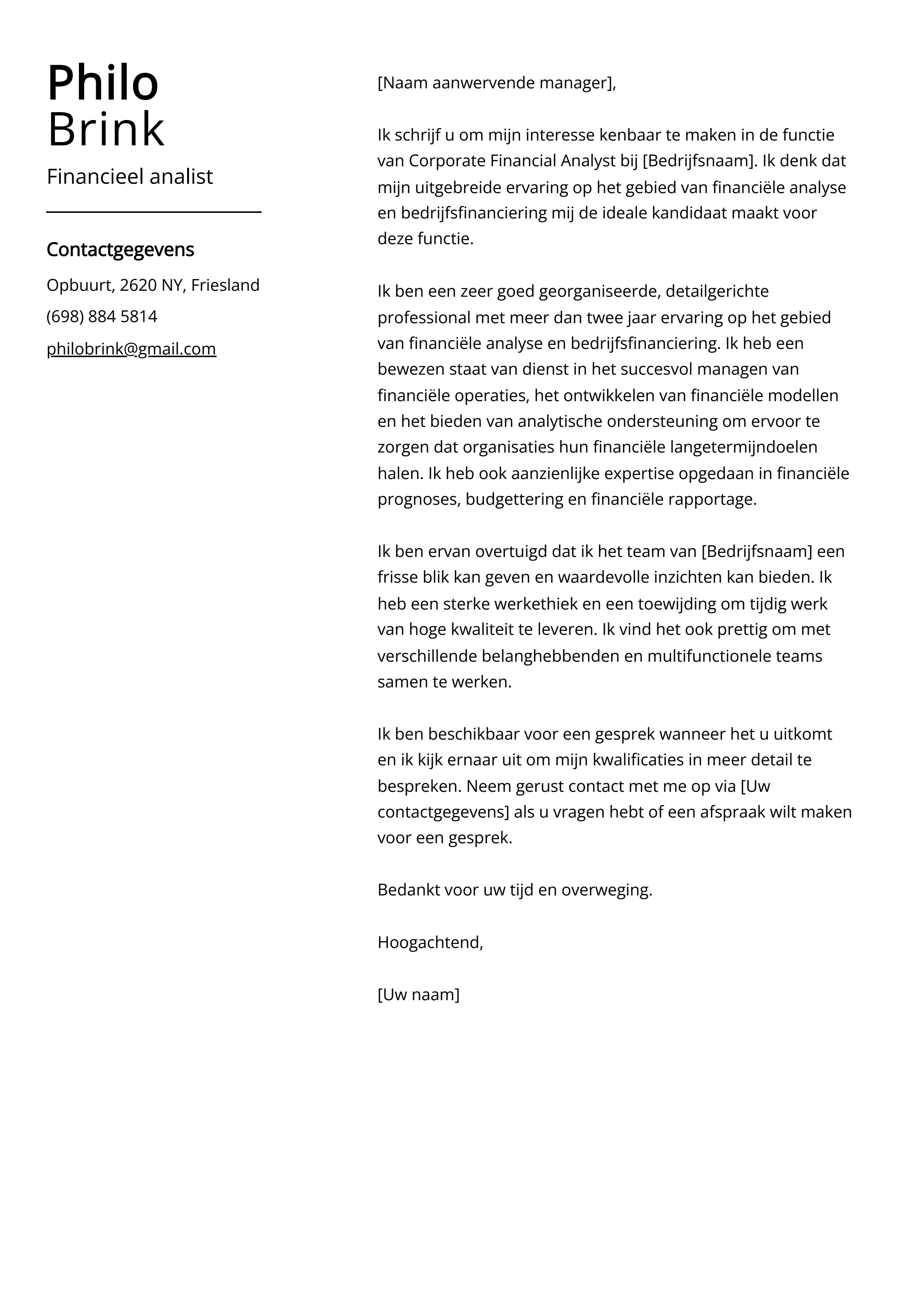 Financieel analist Cover Letter Voorbeeld