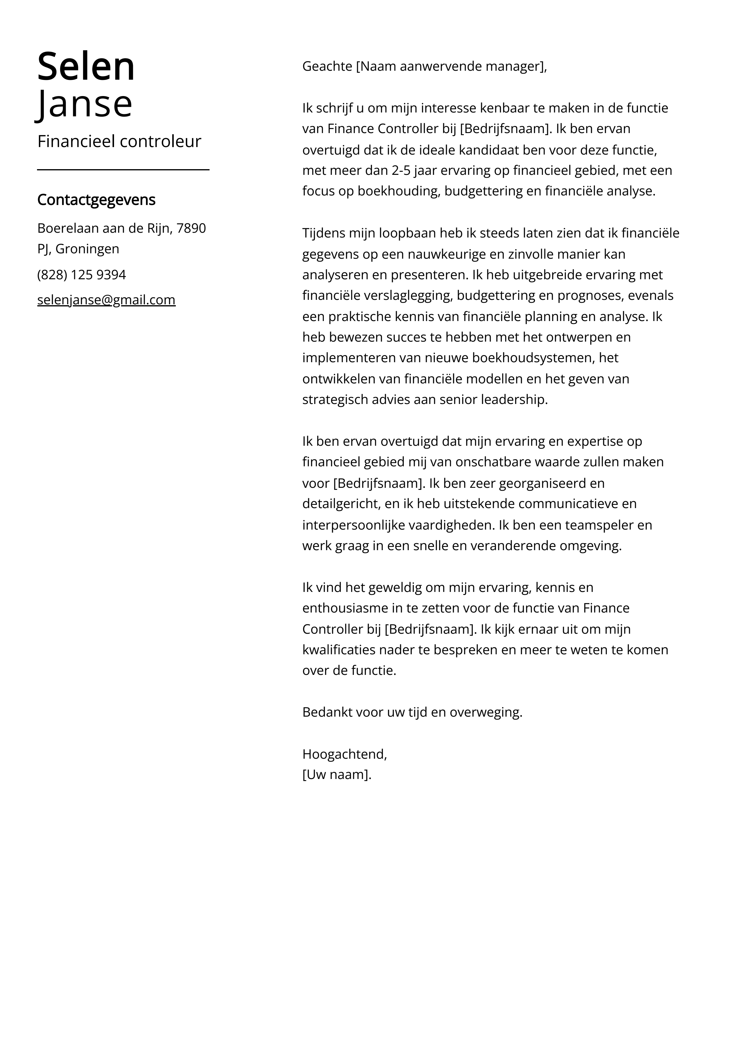 Financieel controleur Cover Letter Voorbeeld