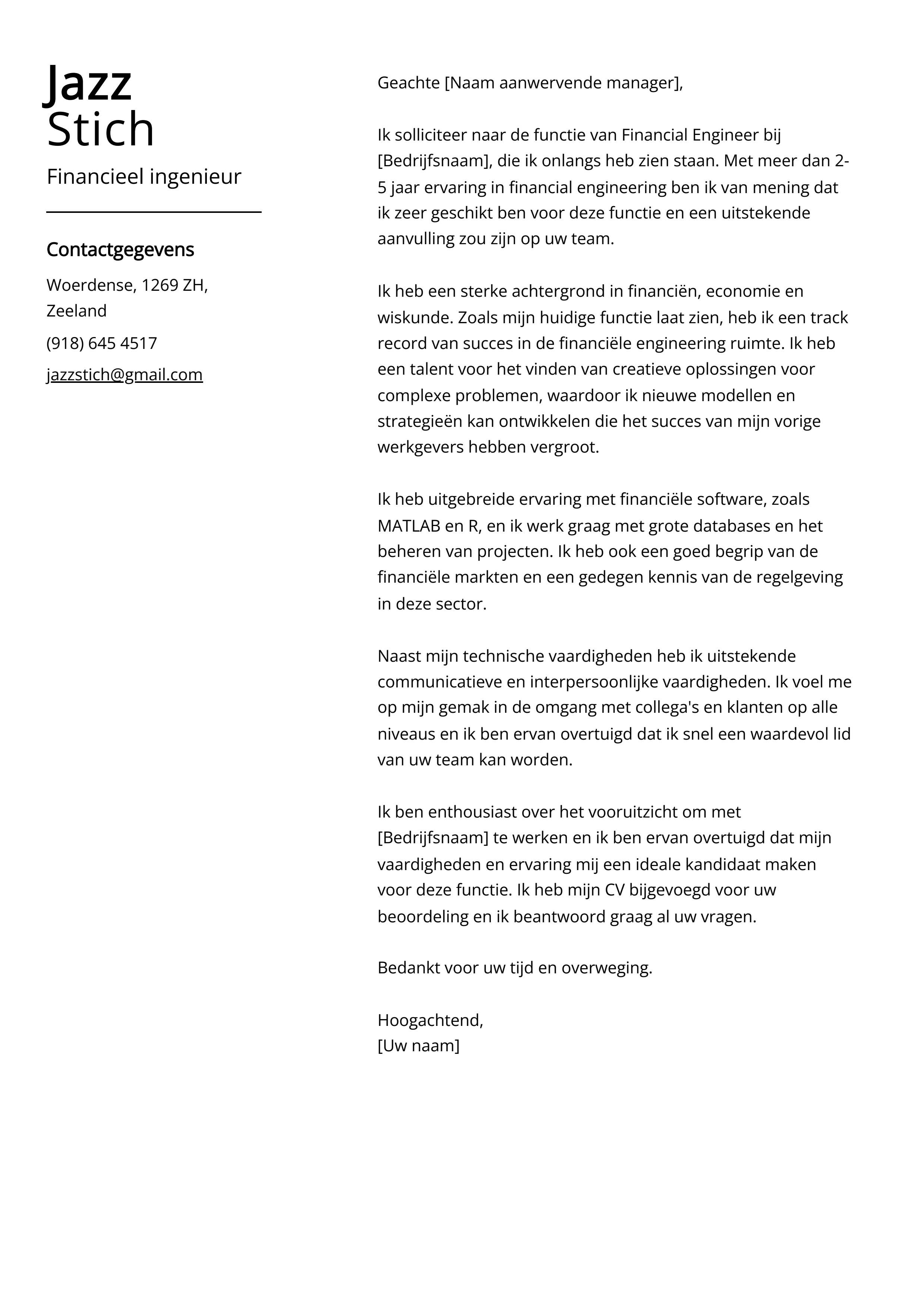 Financieel ingenieur Cover Letter Voorbeeld