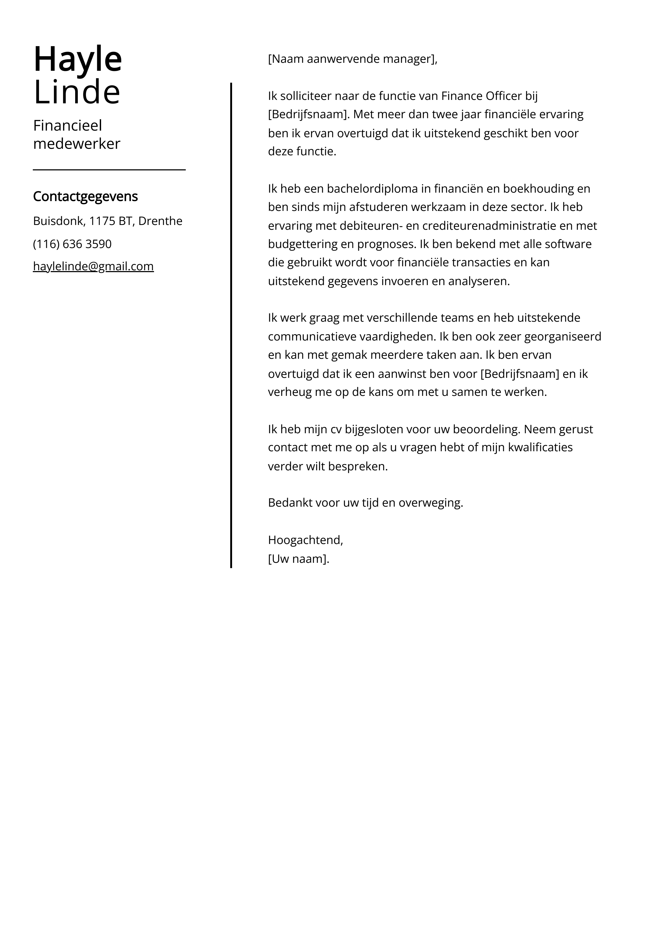 Financieel medewerker Cover Letter Voorbeeld