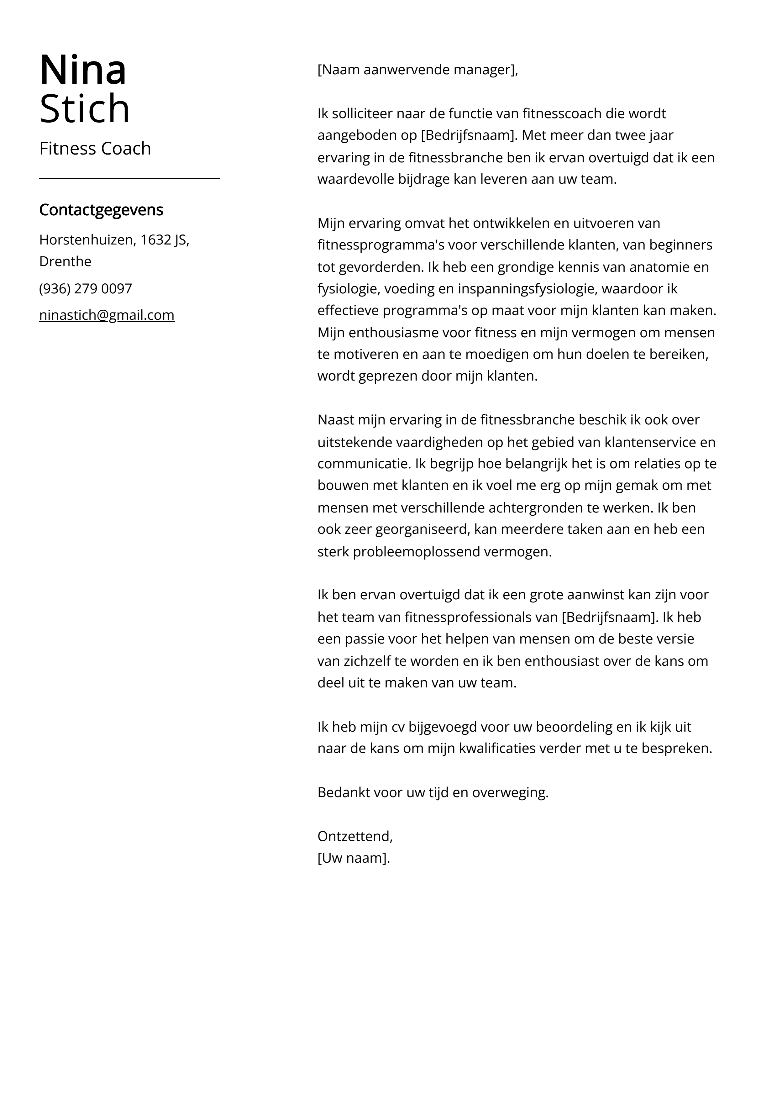 Fitness Coach Voorbeeld sollicitatiebrief