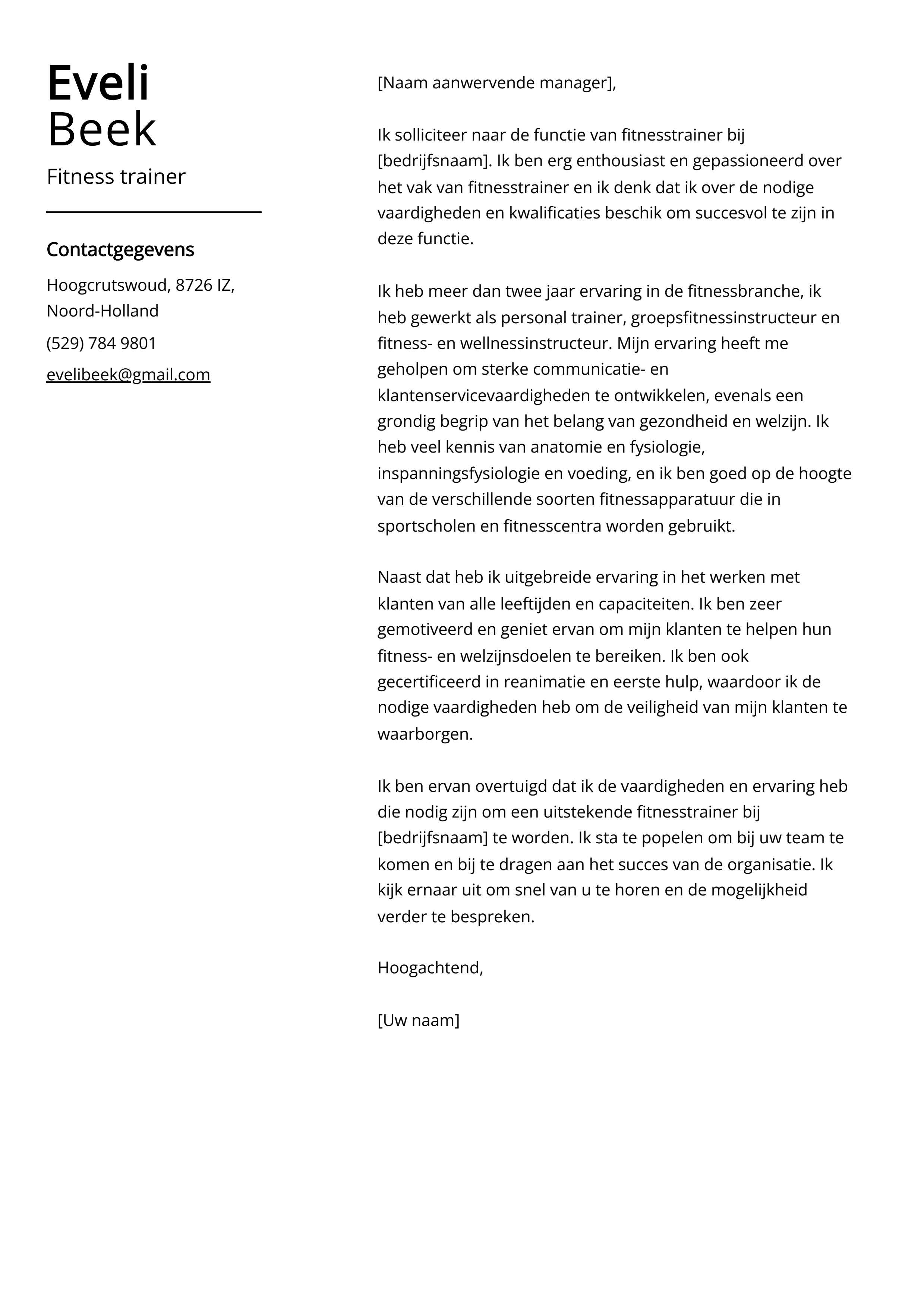 Fitness trainer Voorbeeld sollicitatiebrief