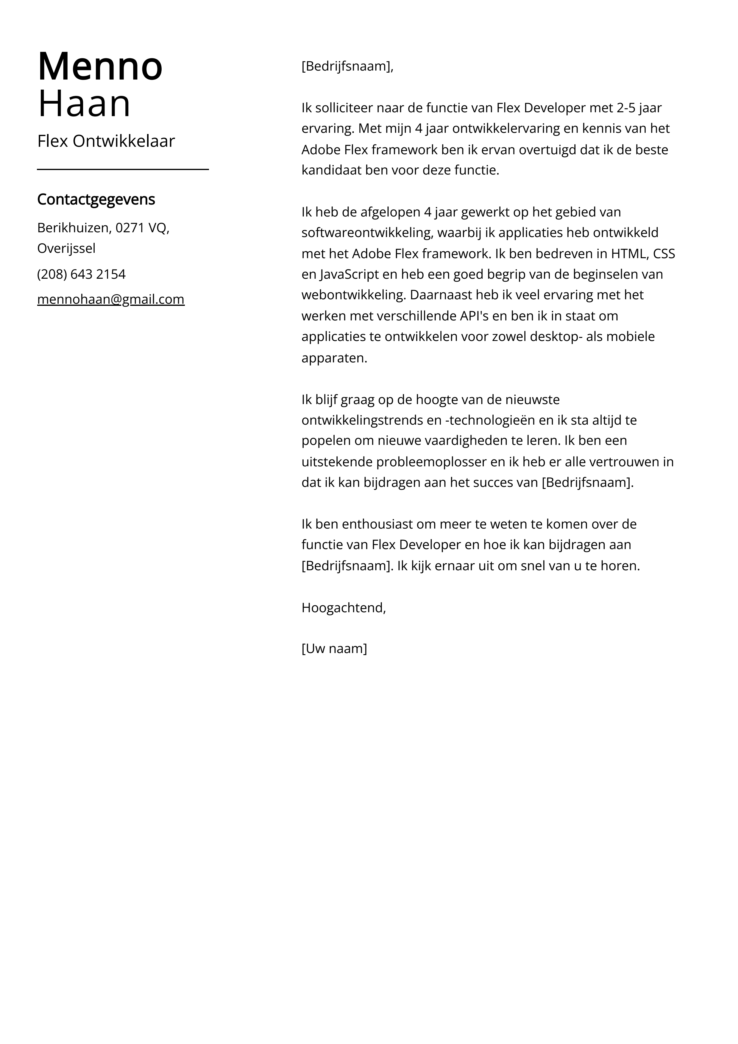 Flex Ontwikkelaar Sollicitatiebrief Voorbeeld