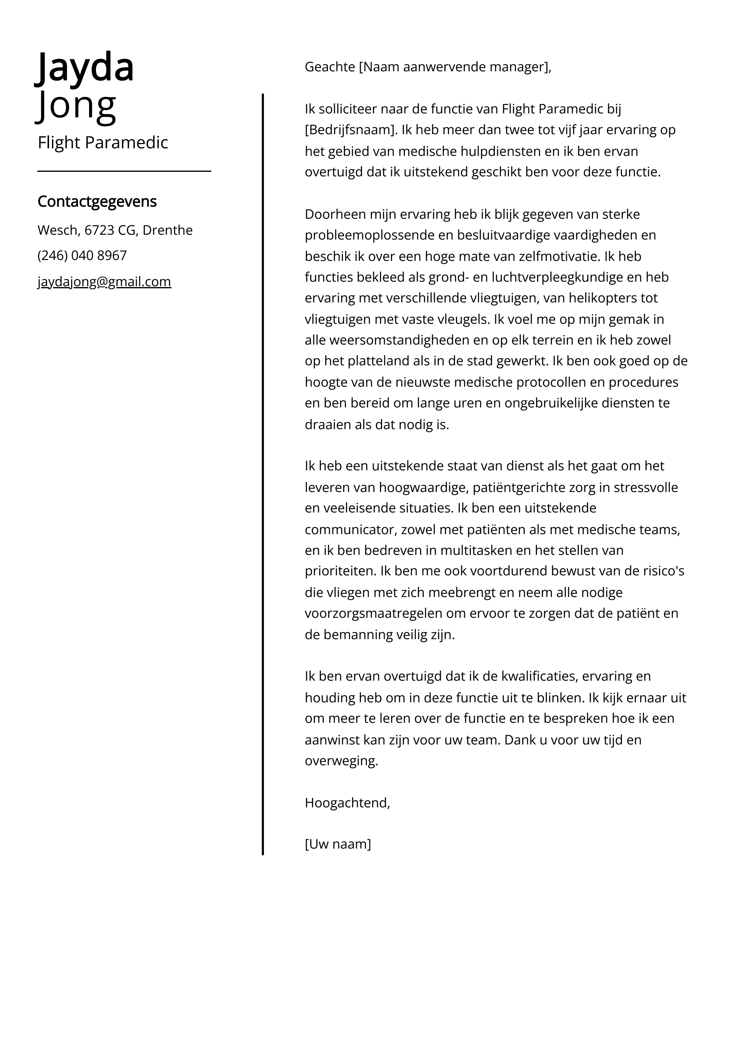 Flight Paramedic Voorbeeld sollicitatiebrief