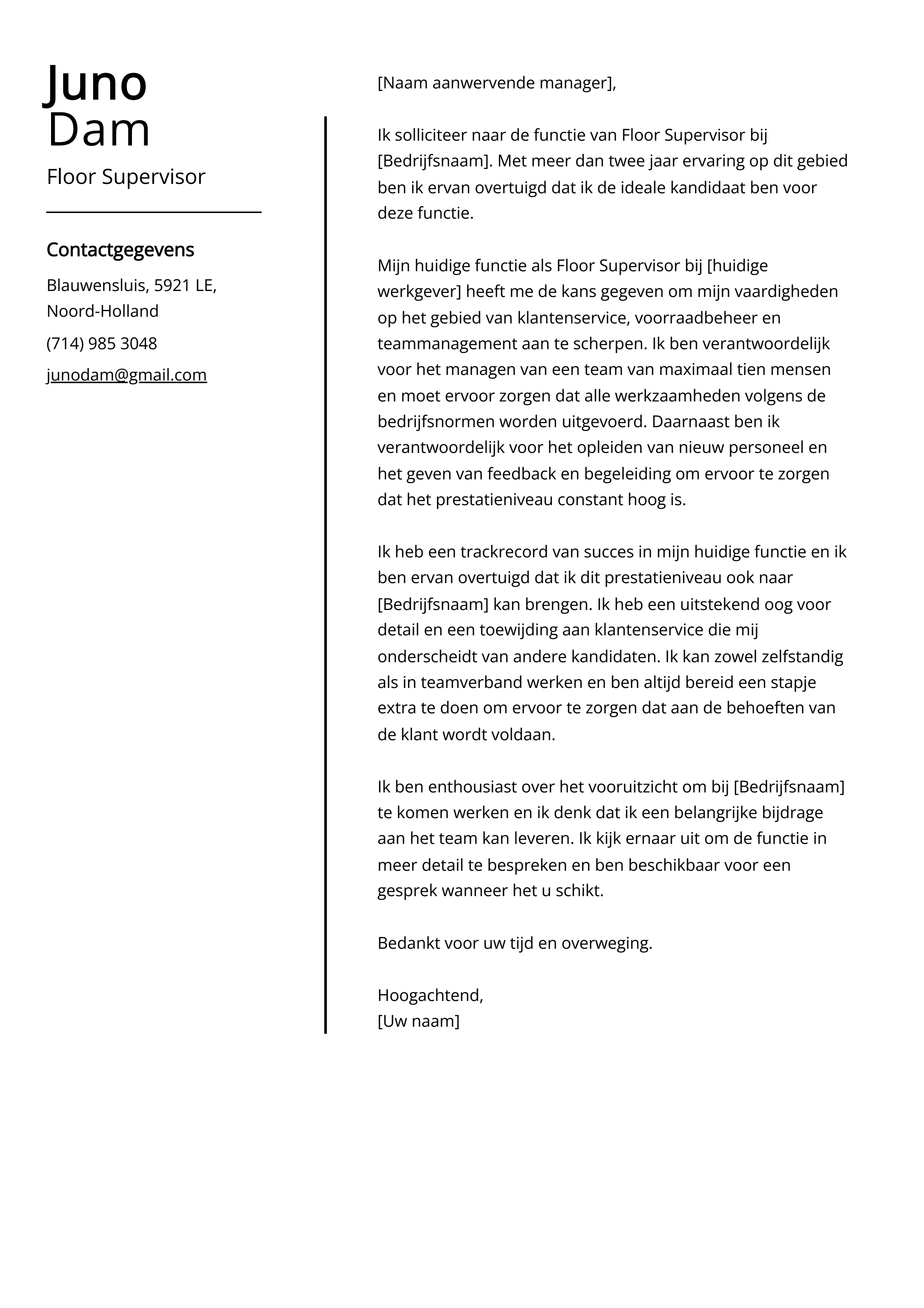 Floor Supervisor Voorbeeld sollicitatiebrief