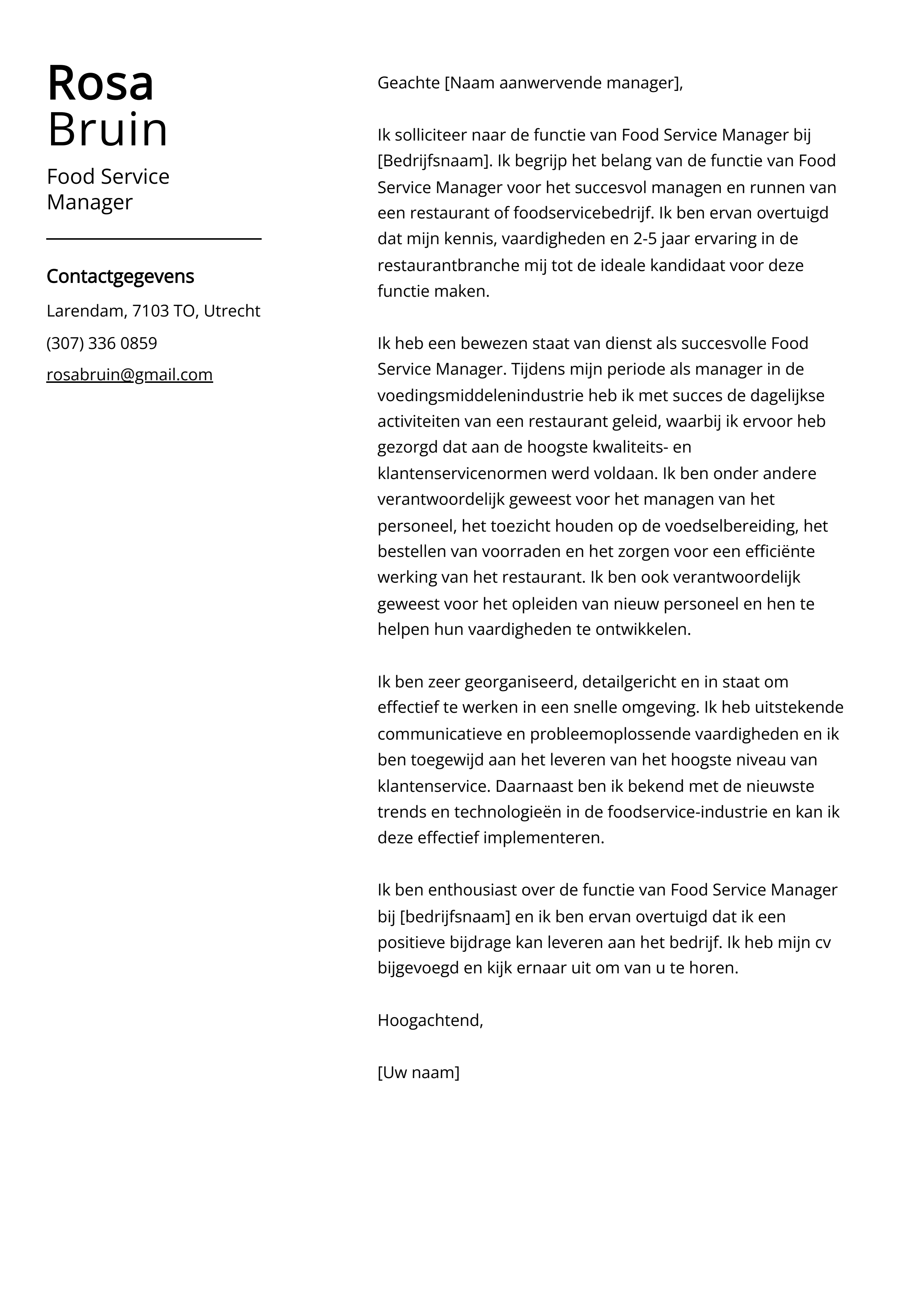 Food Service Manager Voorbeeld sollicitatiebrief