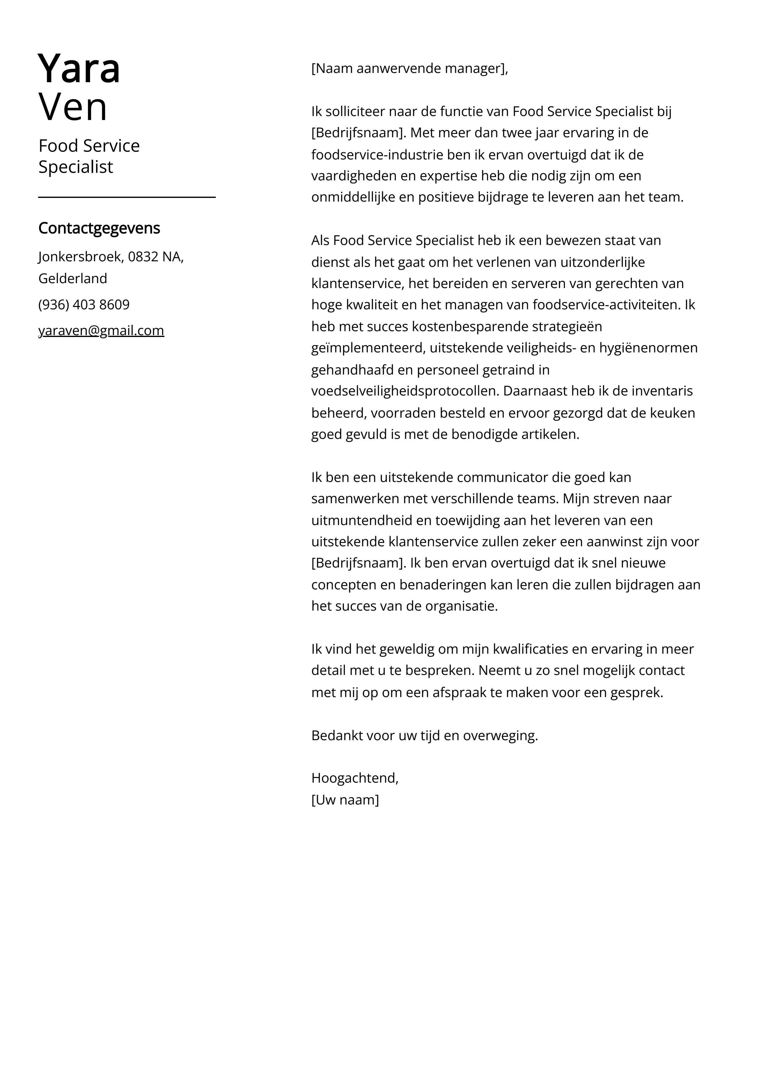 Food Service Specialist Voorbeeld sollicitatiebrief