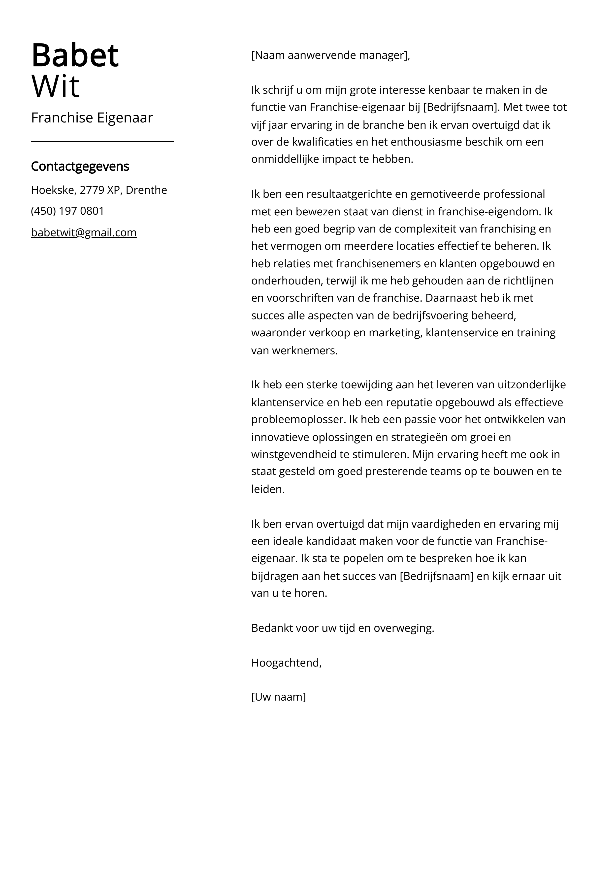 Franchise Eigenaar Sollicitatiebrief Voorbeeld