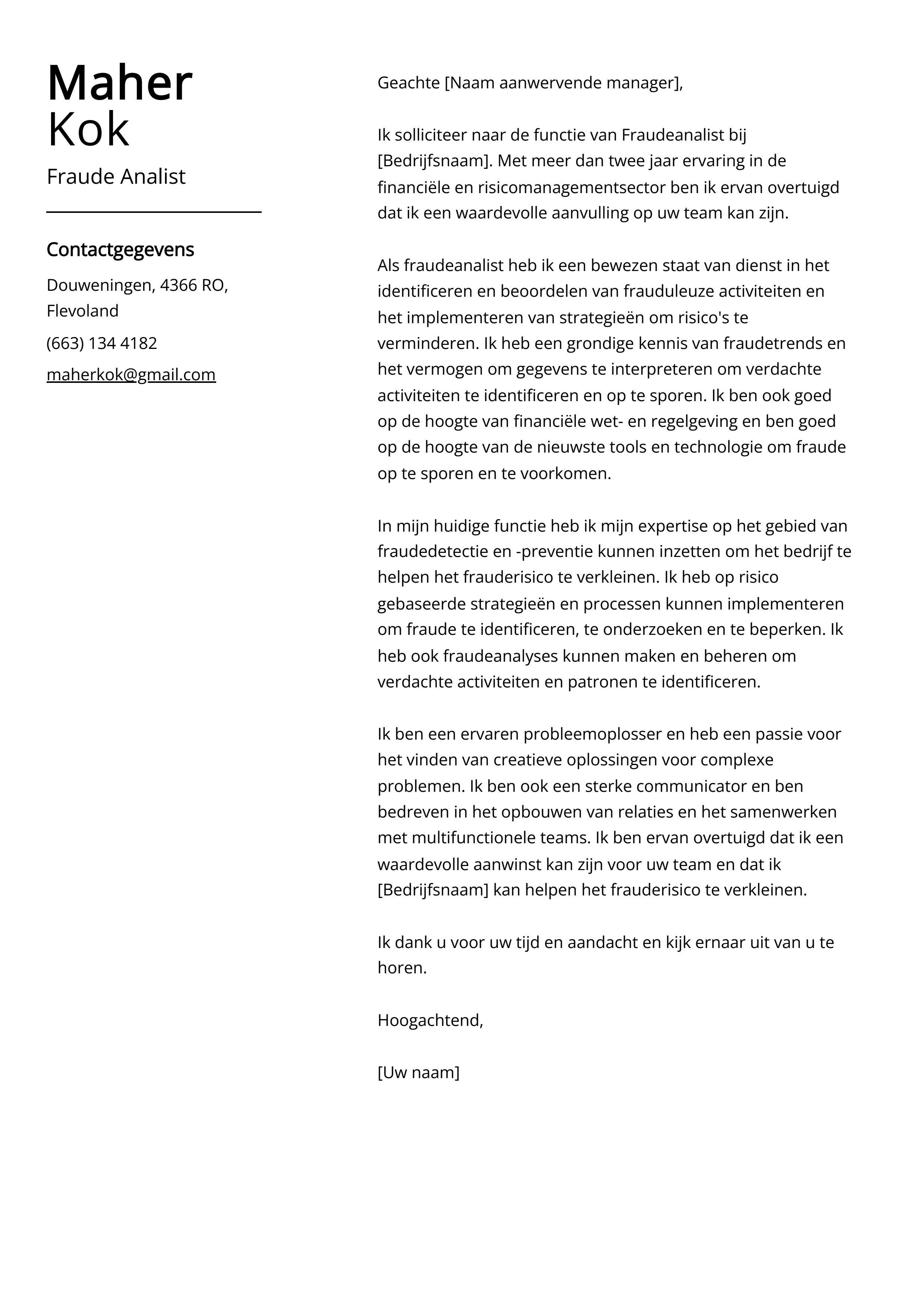 Fraude Analist Voorbeeld sollicitatiebrief