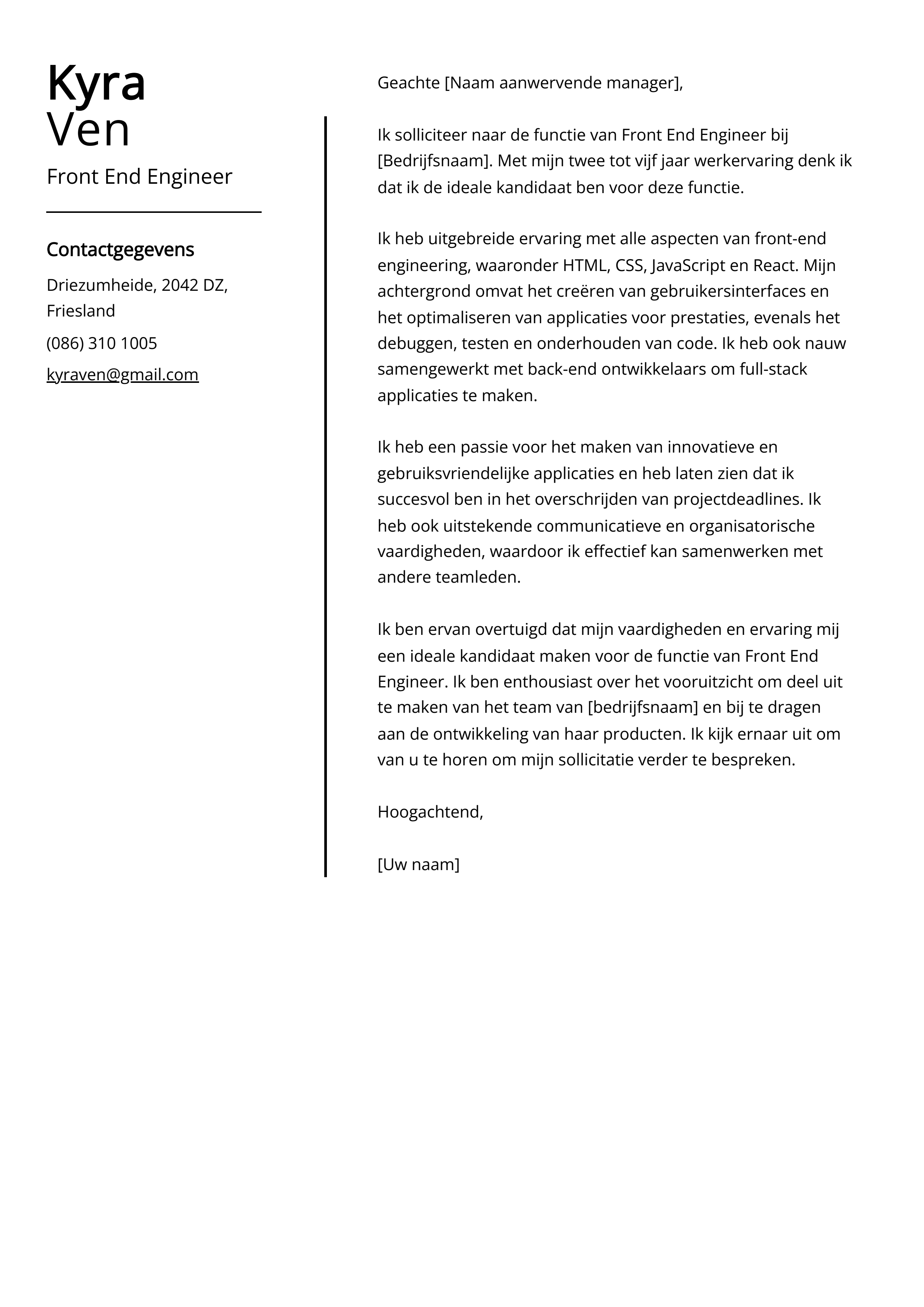 Front End Engineer Voorbeeld sollicitatiebrief