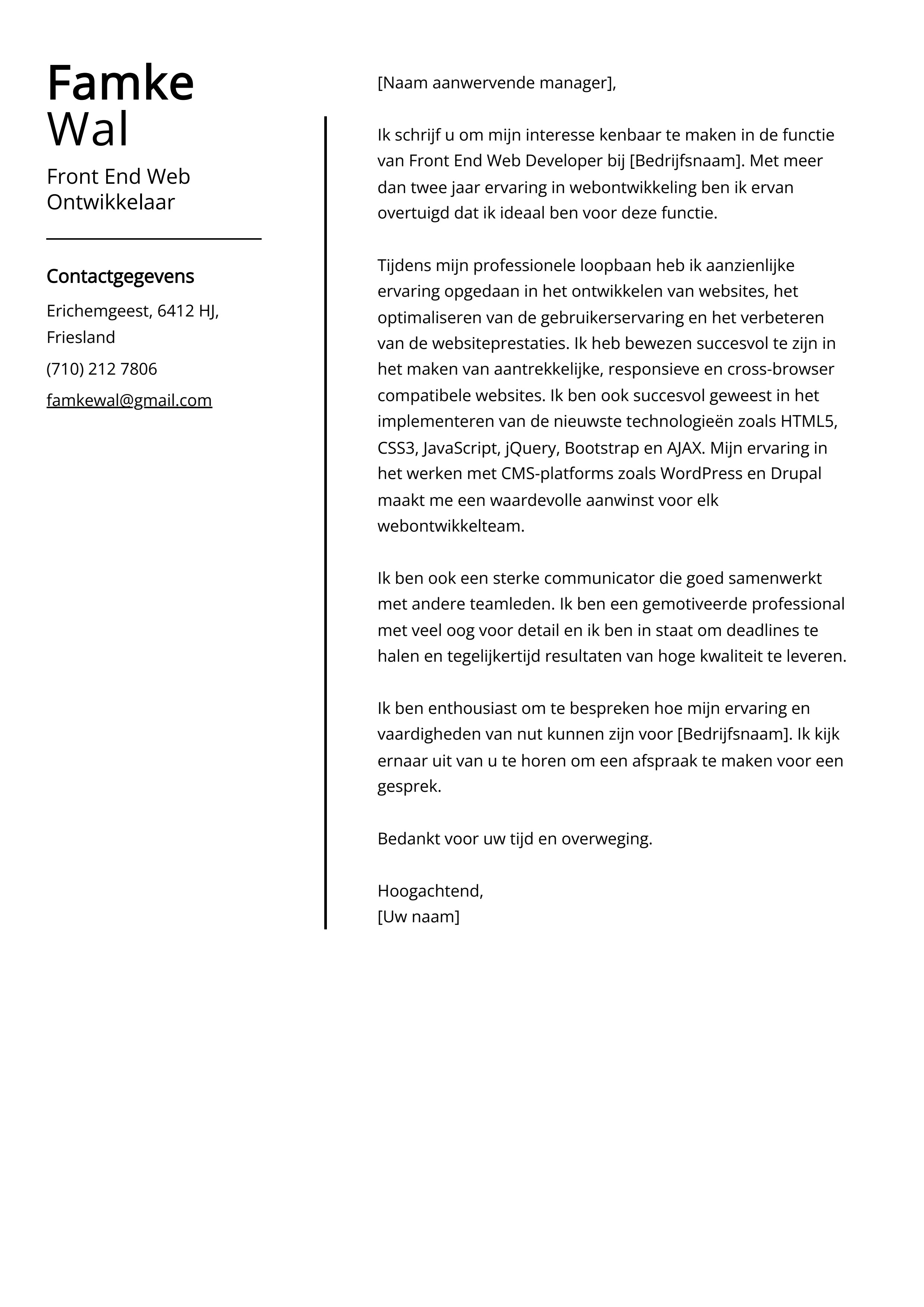 Front End Web Ontwikkelaar Voorbeeld sollicitatiebrief