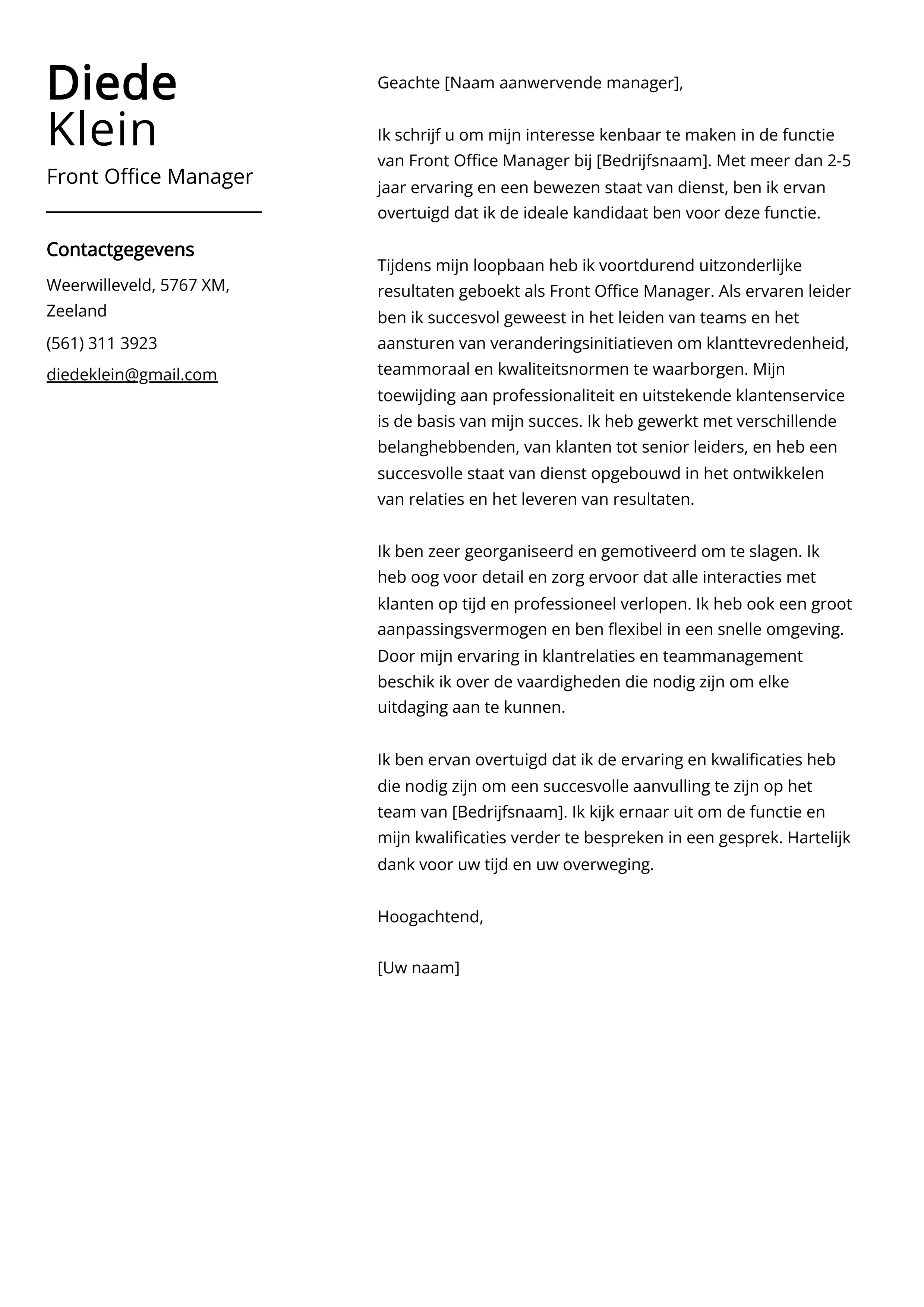 Front Office Manager Voorbeeld sollicitatiebrief