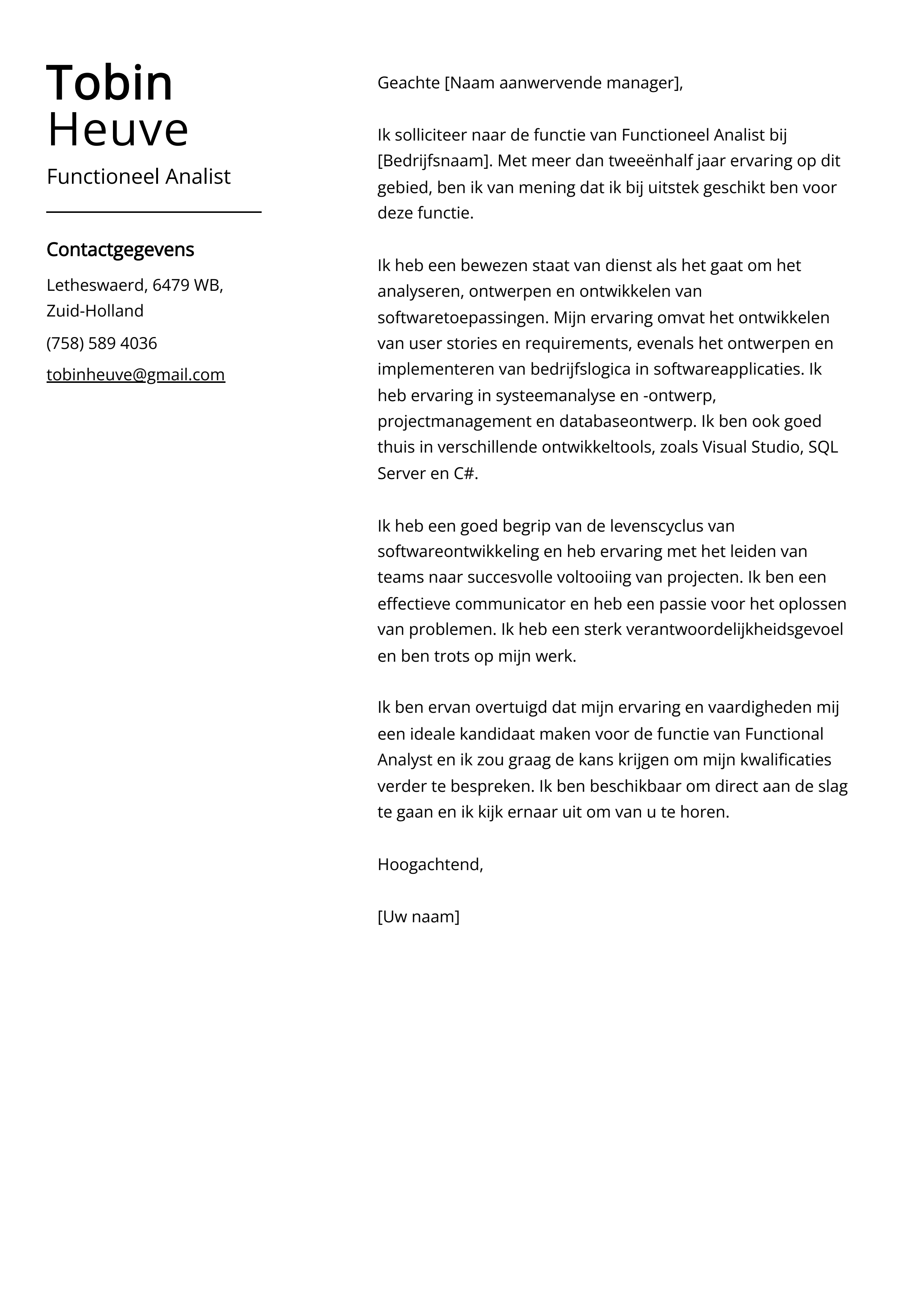 Functioneel Analist Cover Letter Voorbeeld