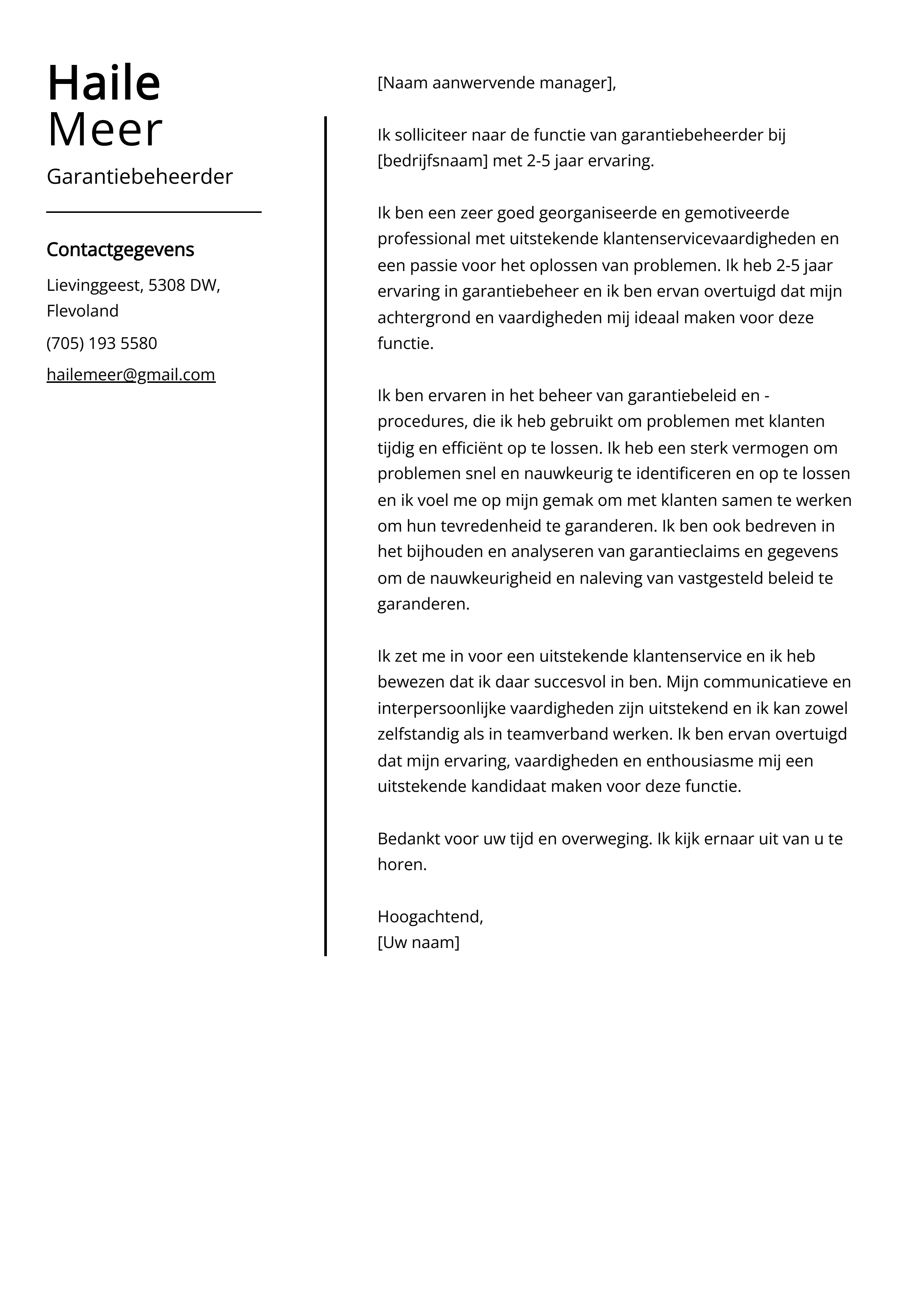 Garantiebeheerder Cover Letter Voorbeeld